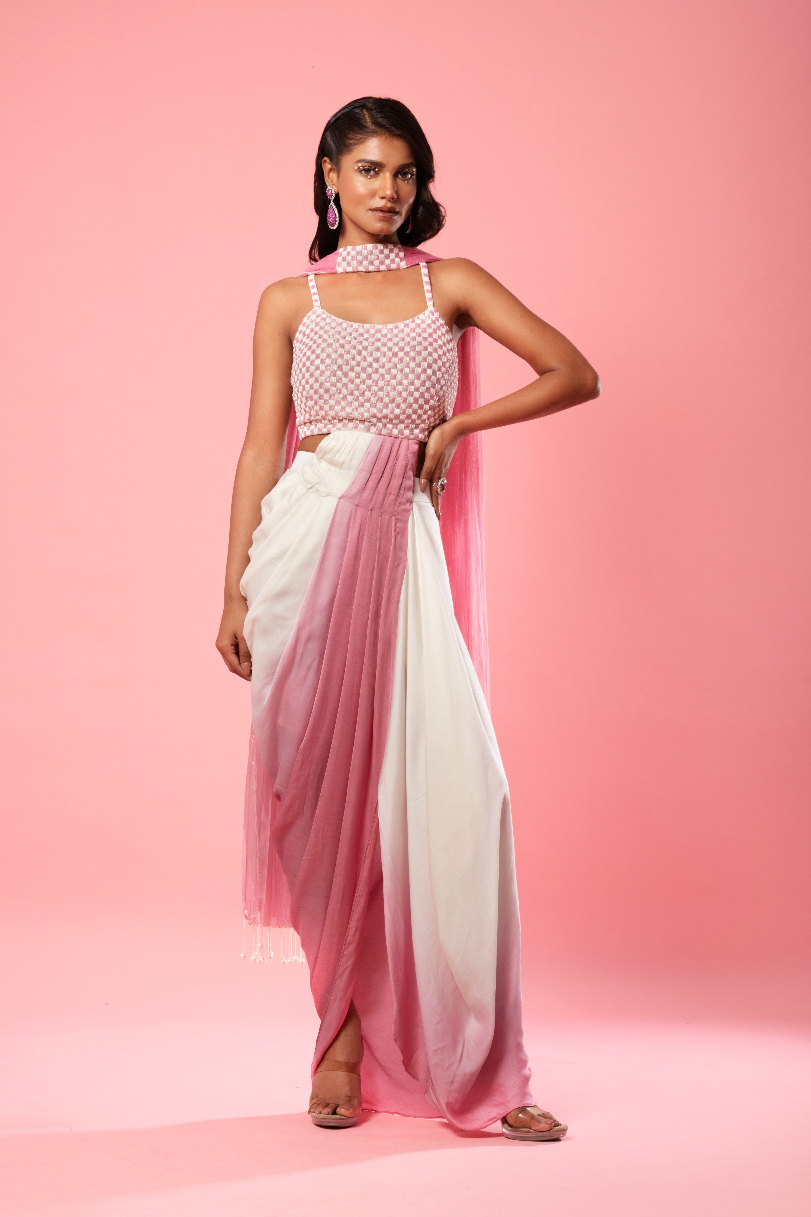 Ivory and pink ombre dhoti dress with choker dupatta and embroidery.