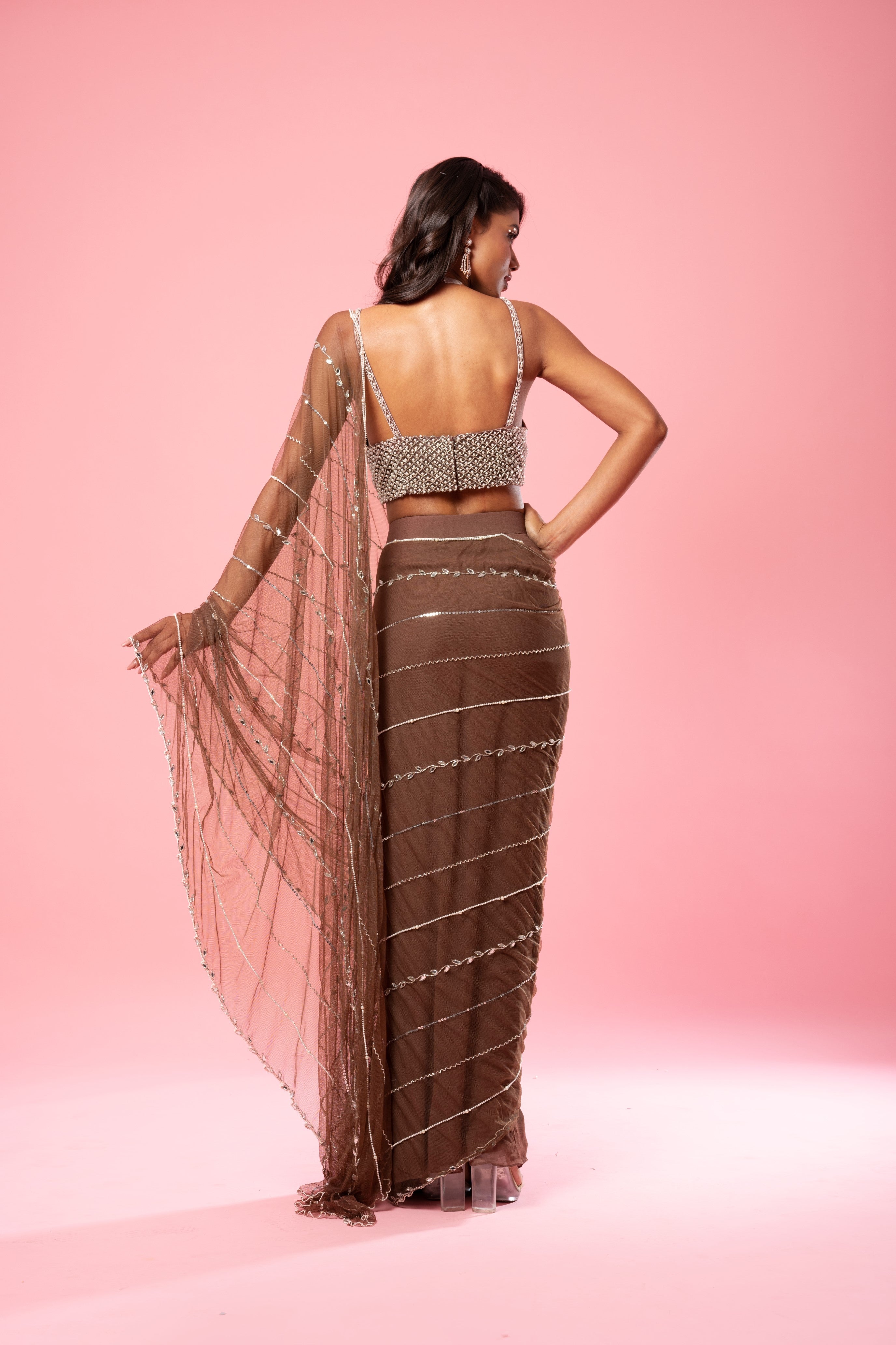 Coffee brown saree with hand-embroidered blouse and pallu.
