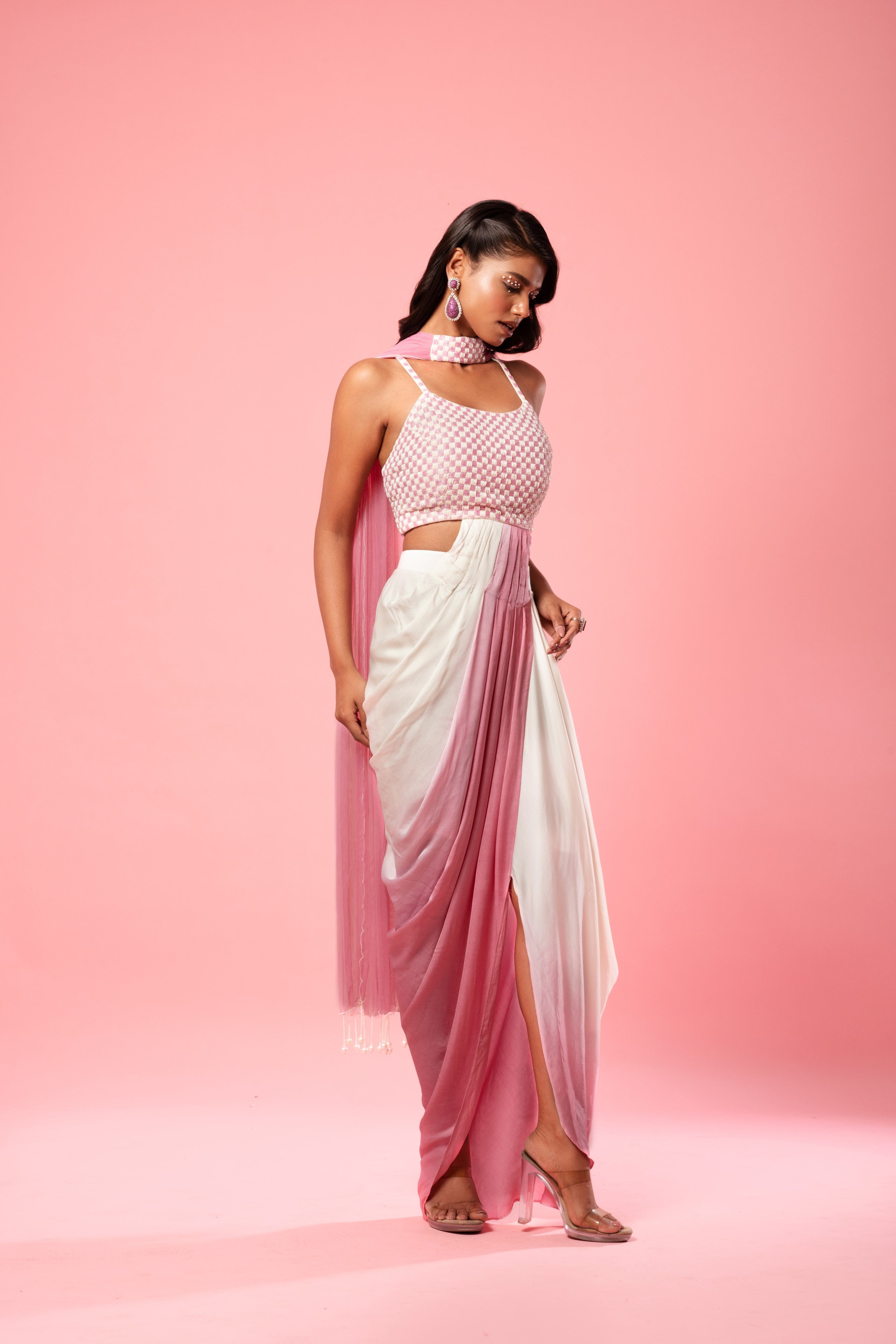 Ivory and pink ombre dhoti dress with choker dupatta and embroidery.