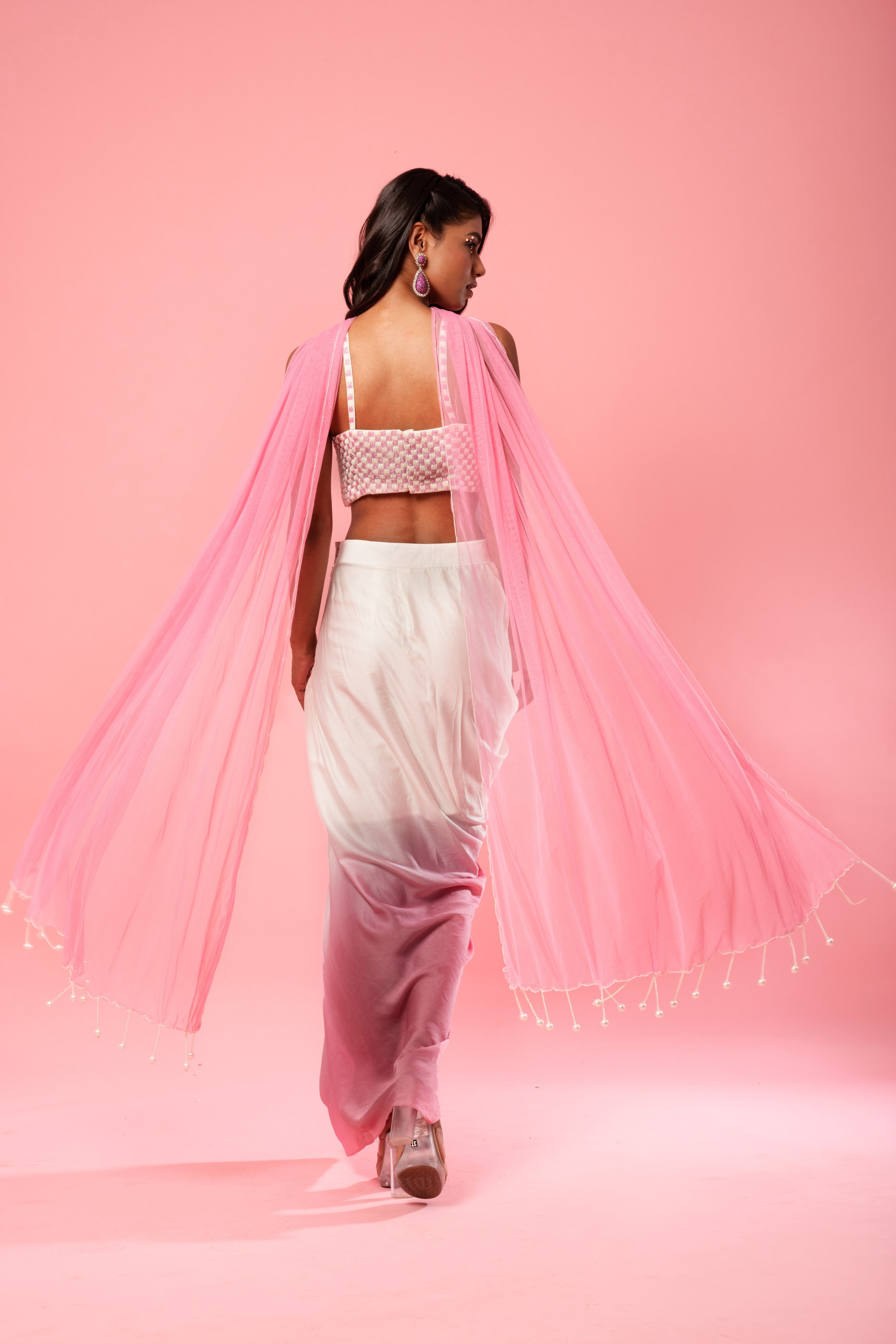 Ivory and pink ombre dhoti dress with choker dupatta and embroidery.