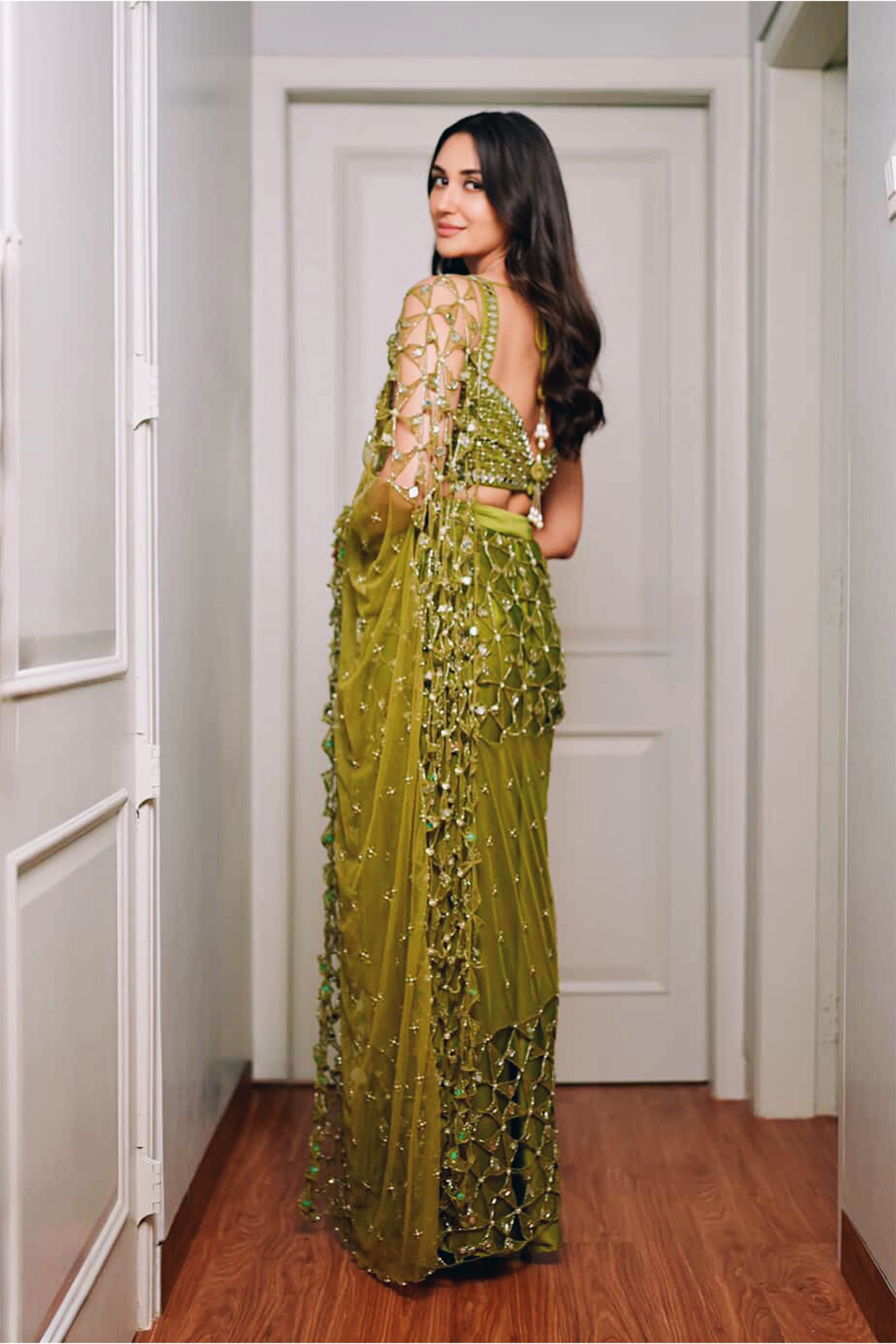 Predraped, Mehendi Green, Hand Embroidered Net & Satin Saree