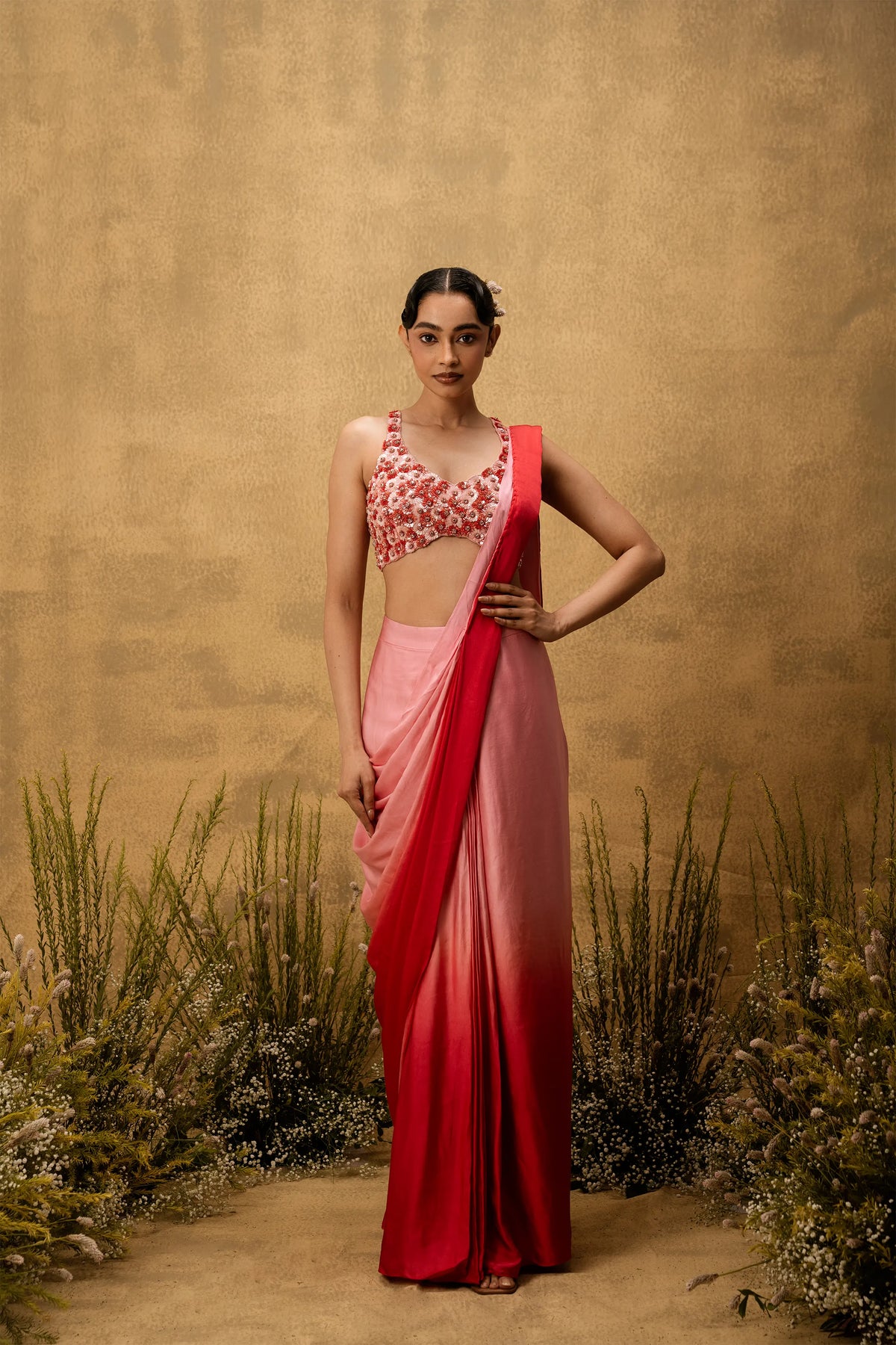 Pastel pink ombre pre-draped modal satin saree with embroidered blouse