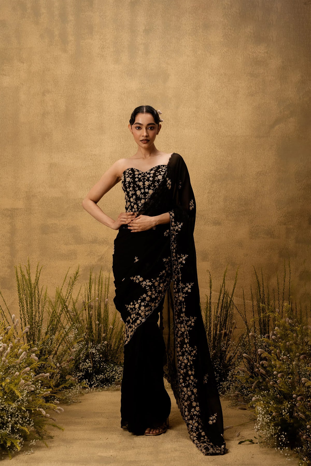 Black Pre-stitched hand embroidered organza saree set