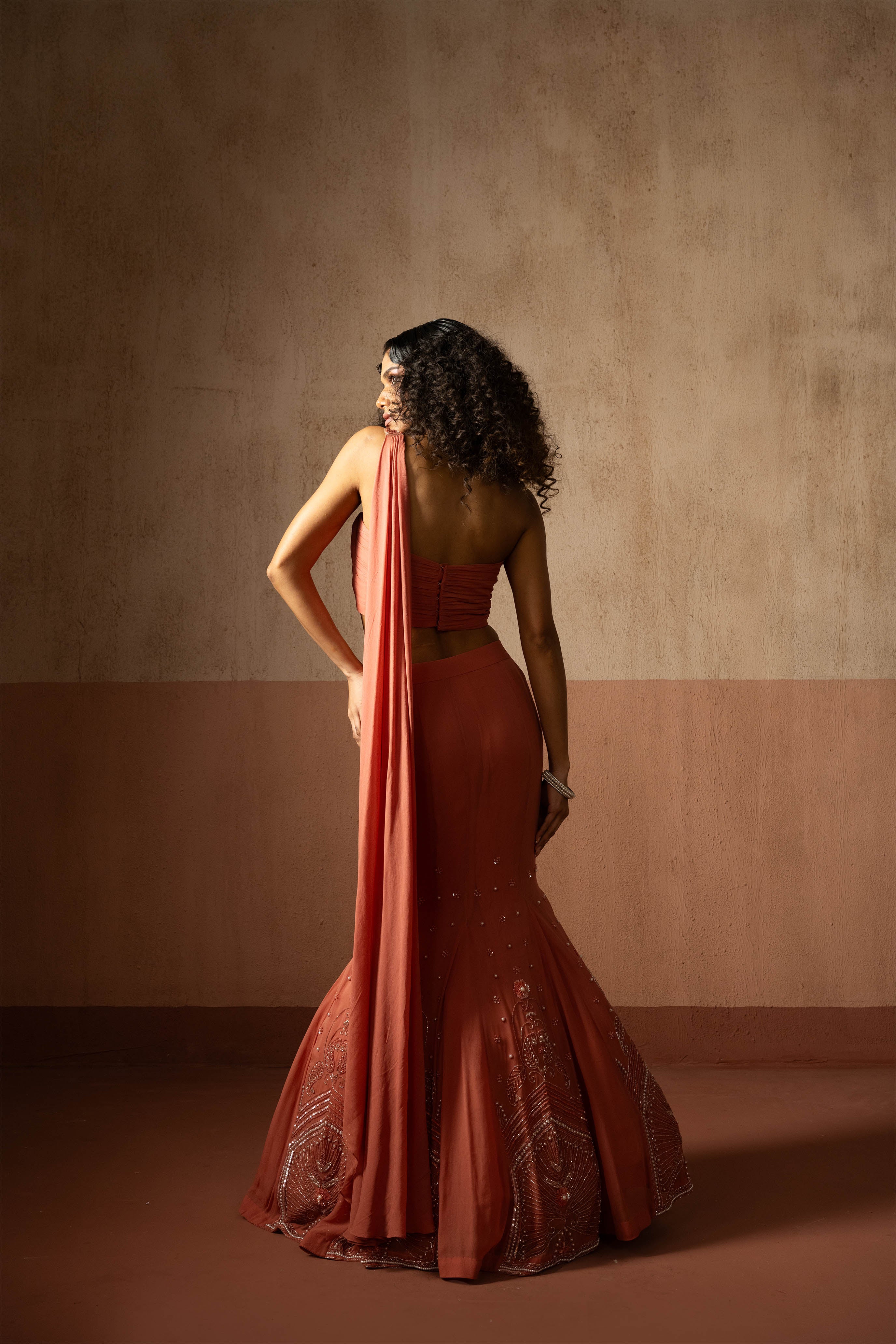 Fishtail Style, Peach Coloured, Hand Embroidered Georgette Fishtail Saree