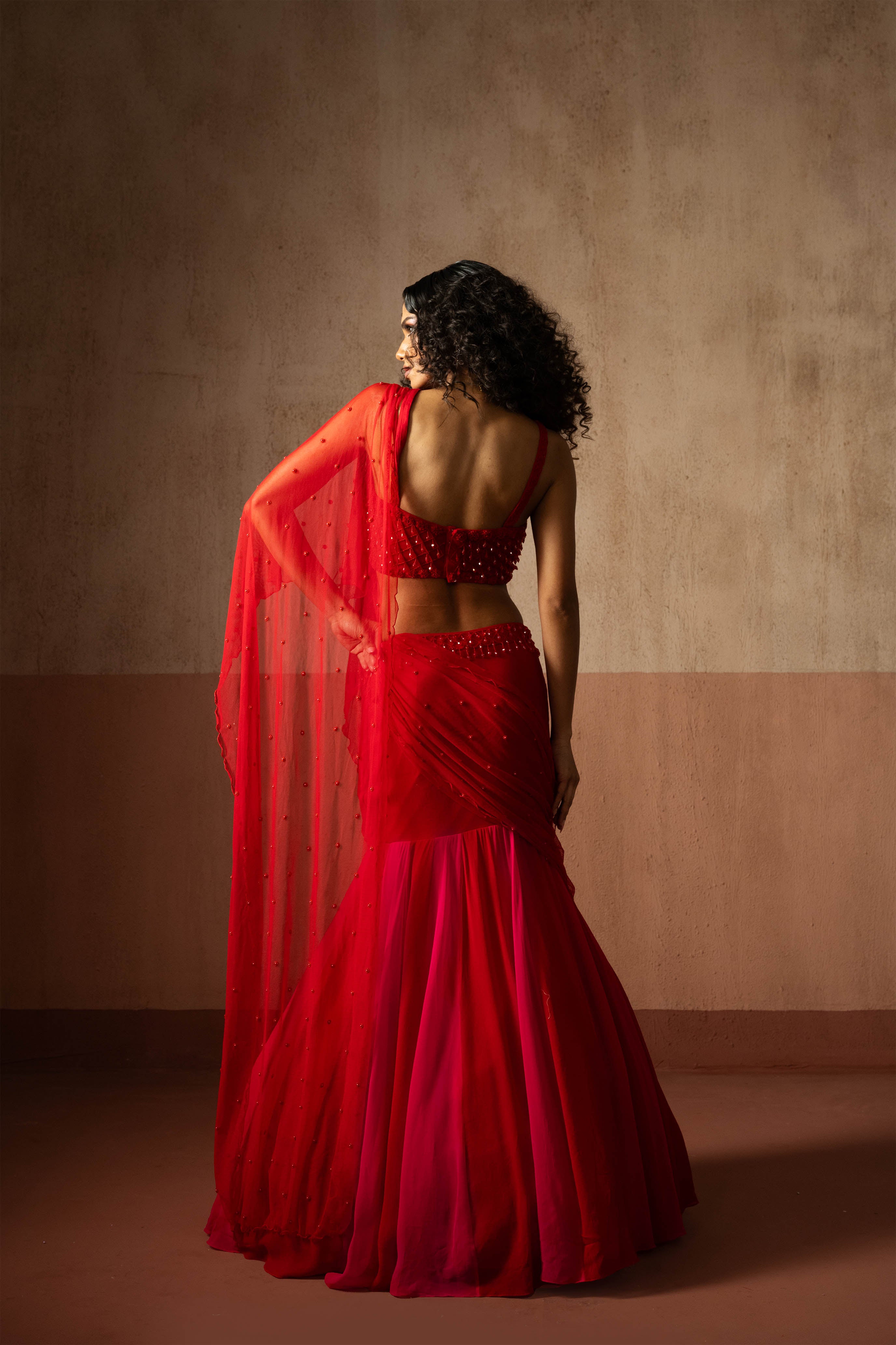 Fishtail Style, Red & Fuschia Pink Coloured,  Hand Embroidered, Net & Georgette Fishtail Saree, Concept Saree