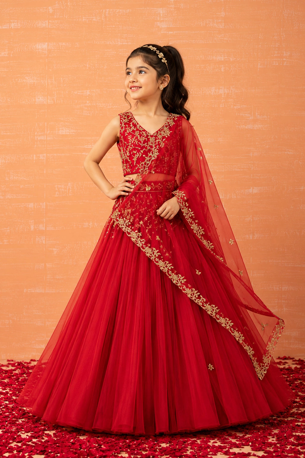 Red lehenga in soft net with intricate hand embroidery