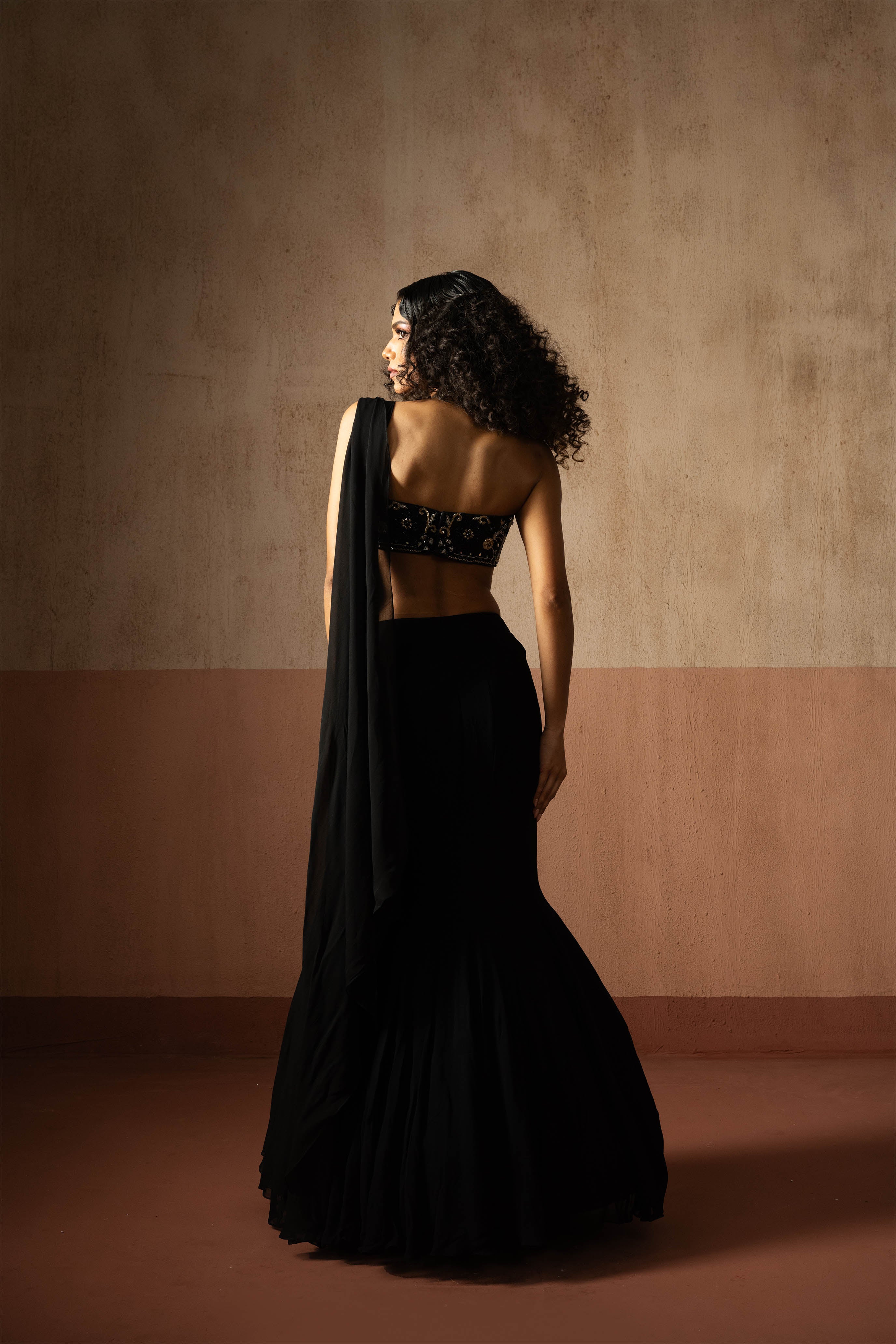 Fishtail Saree, Black, Hand Embroidered Georgette Saree