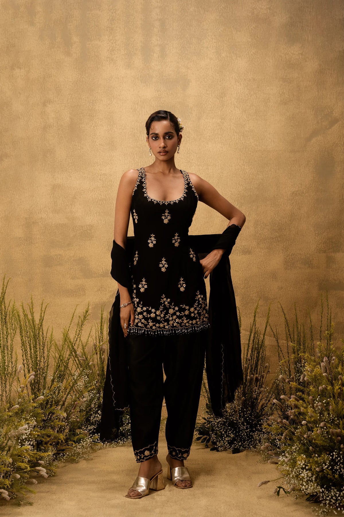 Black hand embroidered chanderi silk suit set with organza dupatta