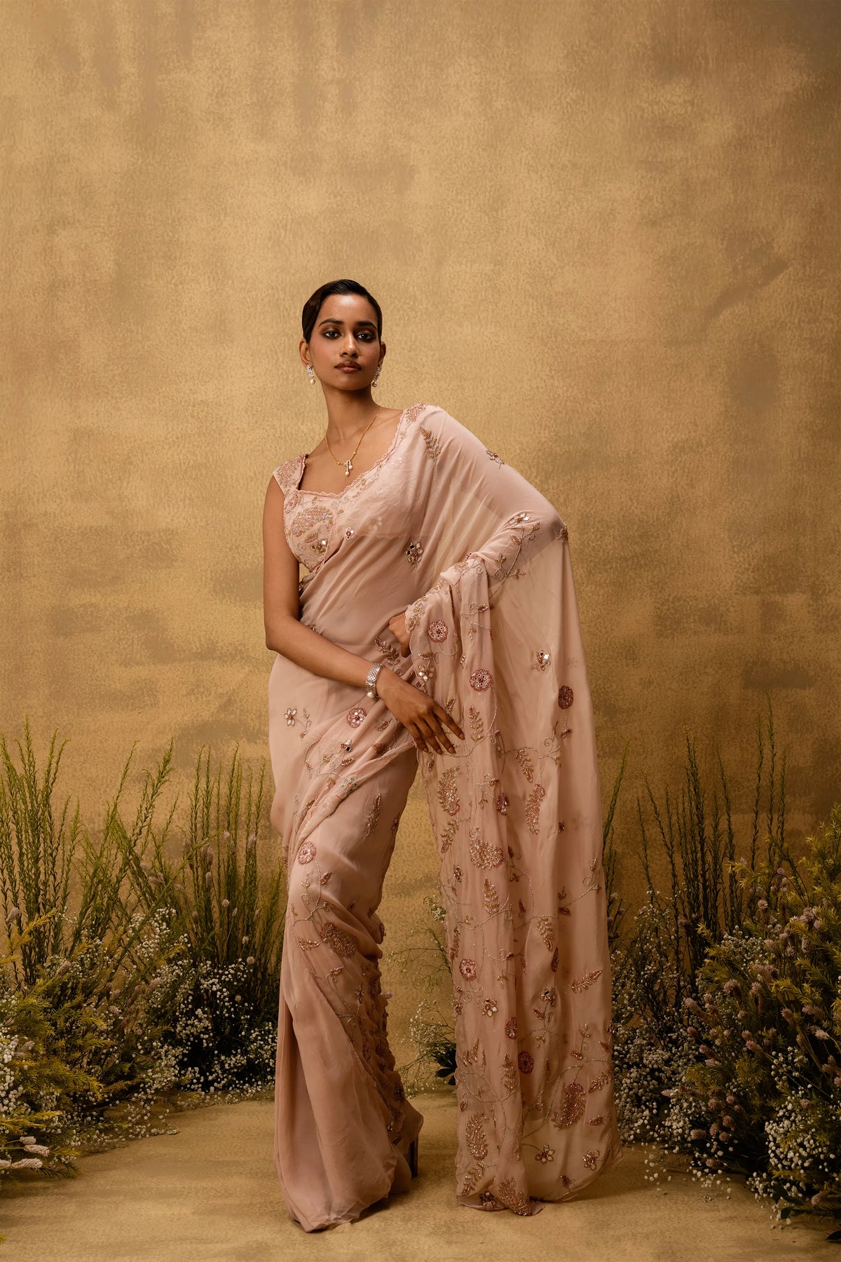 Pastel pink Pre-stitched hand embroidered organza saree set