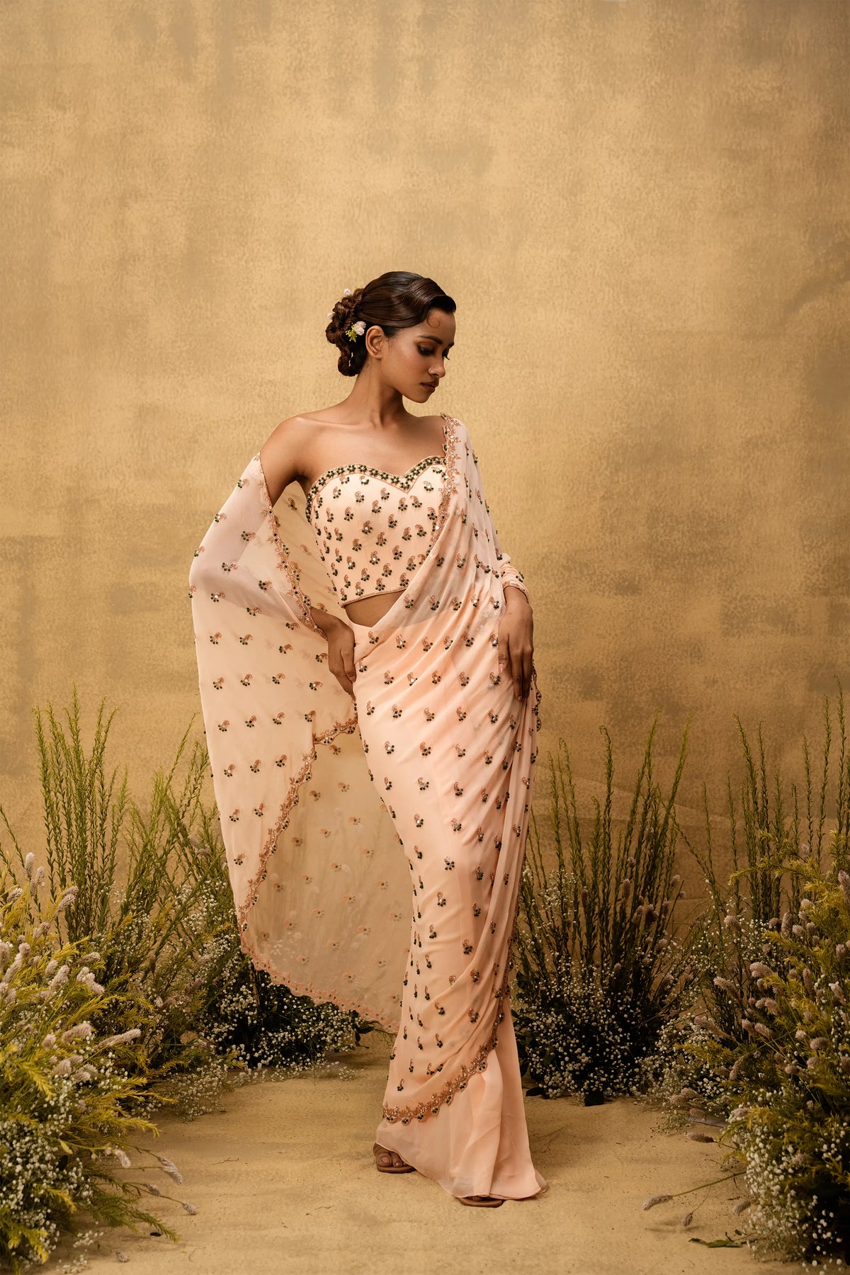 Peach Pre-stitched hand embroidered georgette saree set