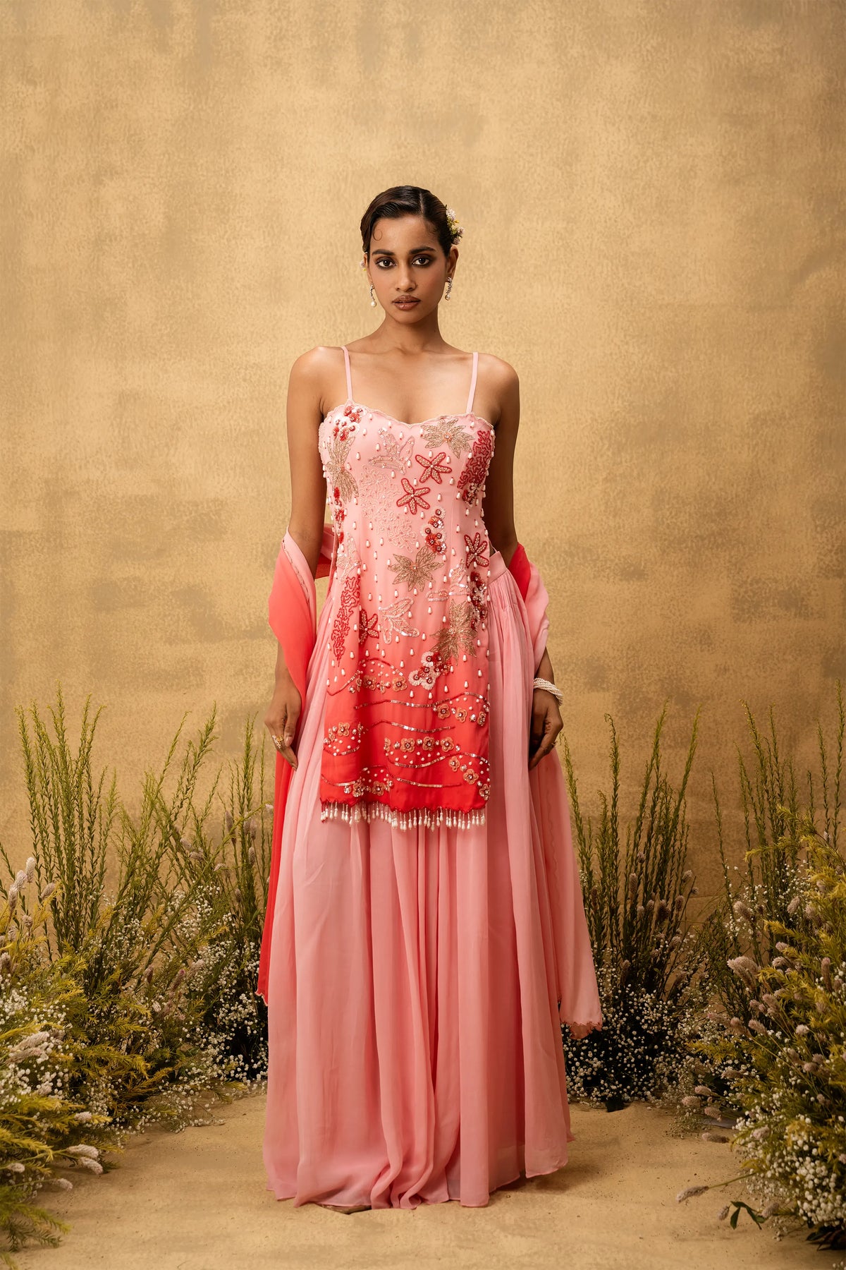 Pastel pink ombre hand embroidered georgette sharara set