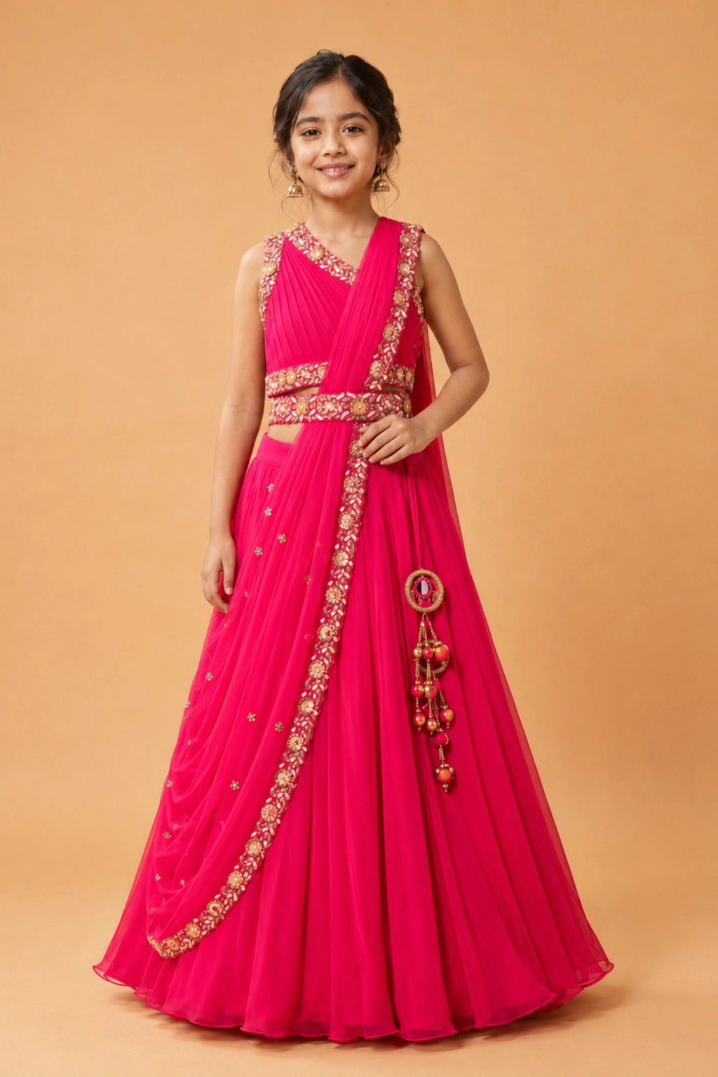 Fuchsia pink draped lehenga in georgette is paired with a matching hand-embroidered waist belt.