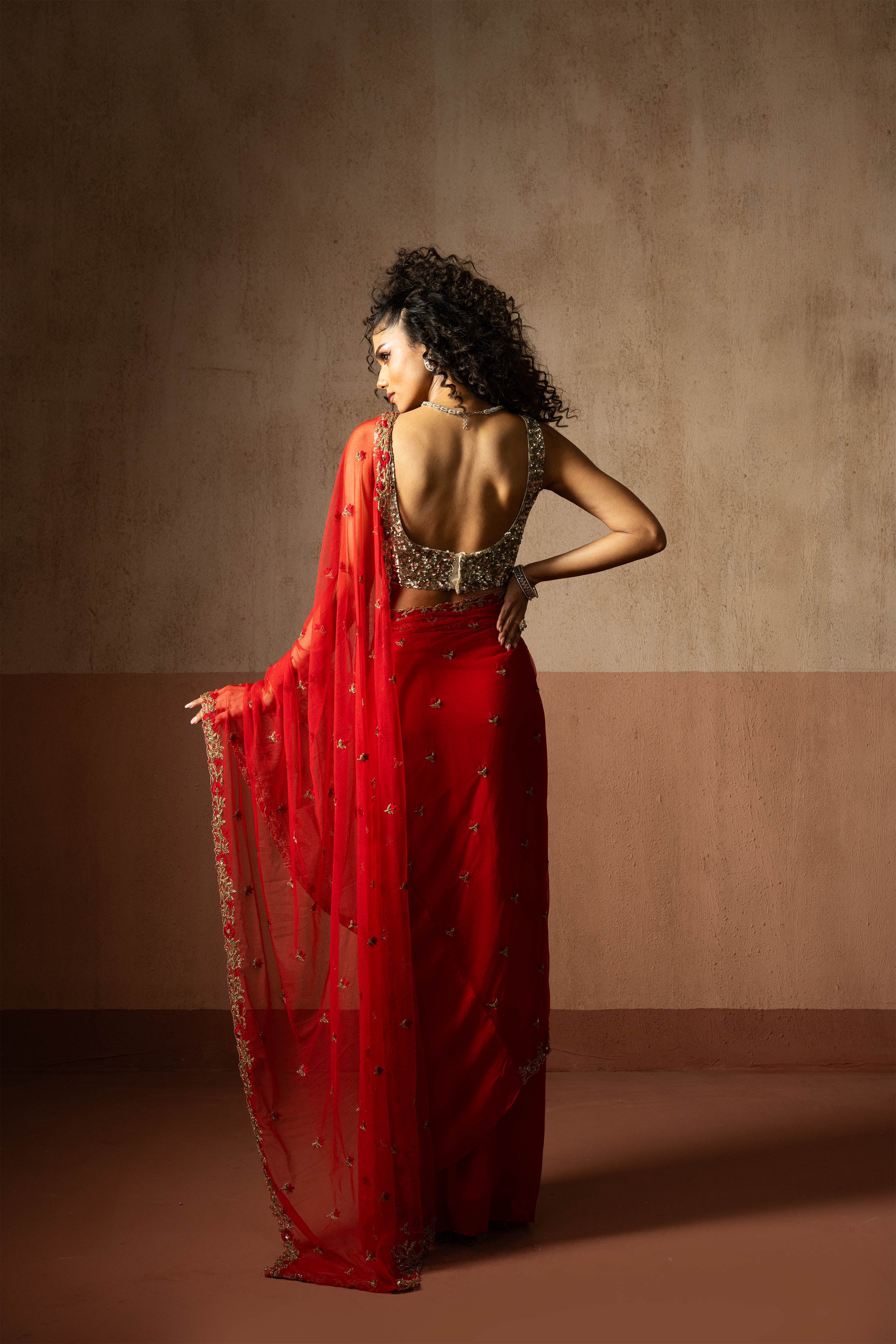 Predraped, Red, Hand Embroidered Net & Georgette Saree With Golden Blouse