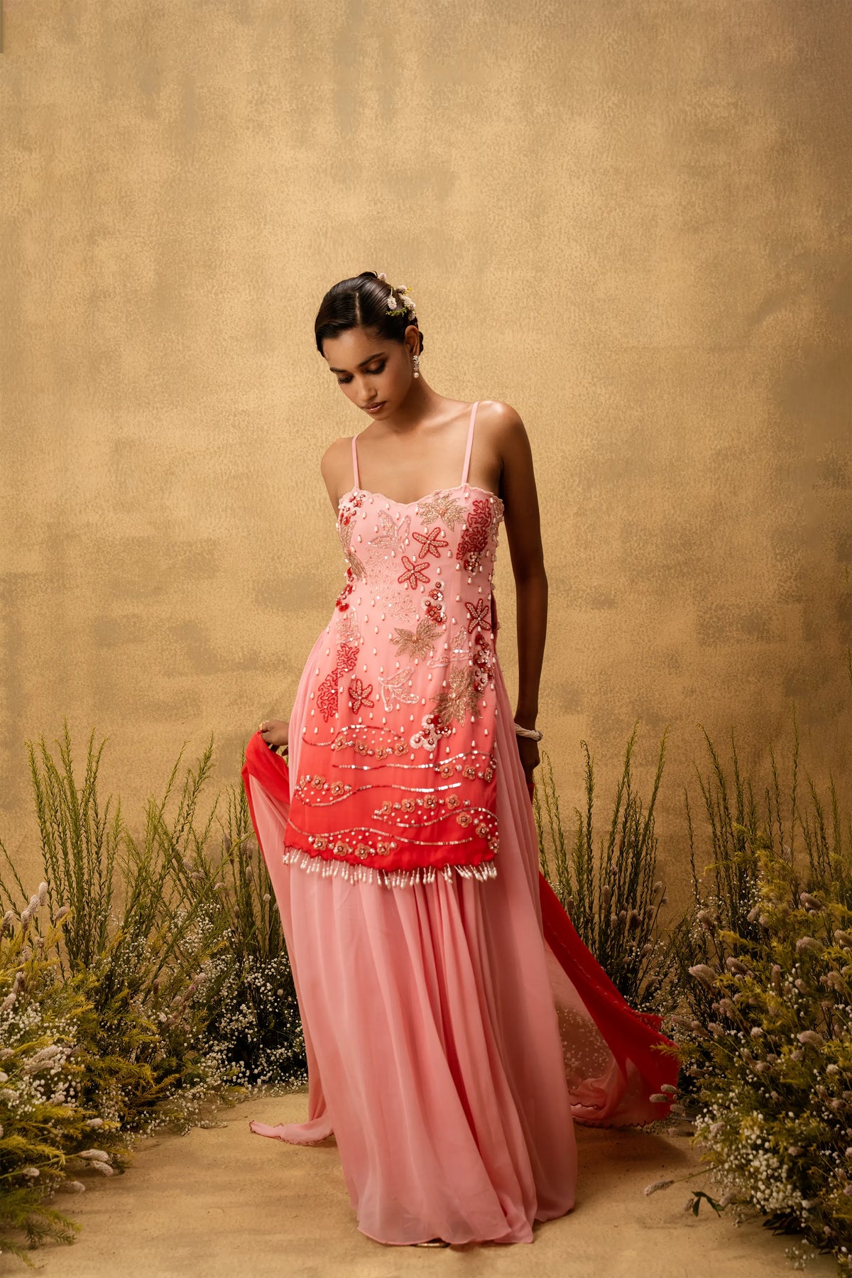Pastel pink ombre hand embroidered georgette sharara set