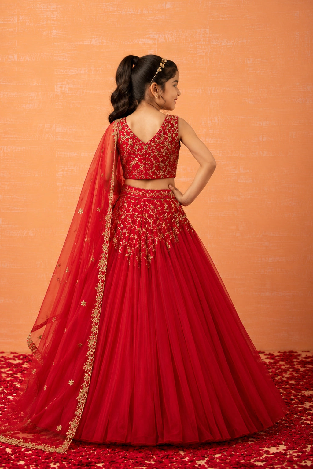 Red lehenga in soft net with intricate hand embroidery