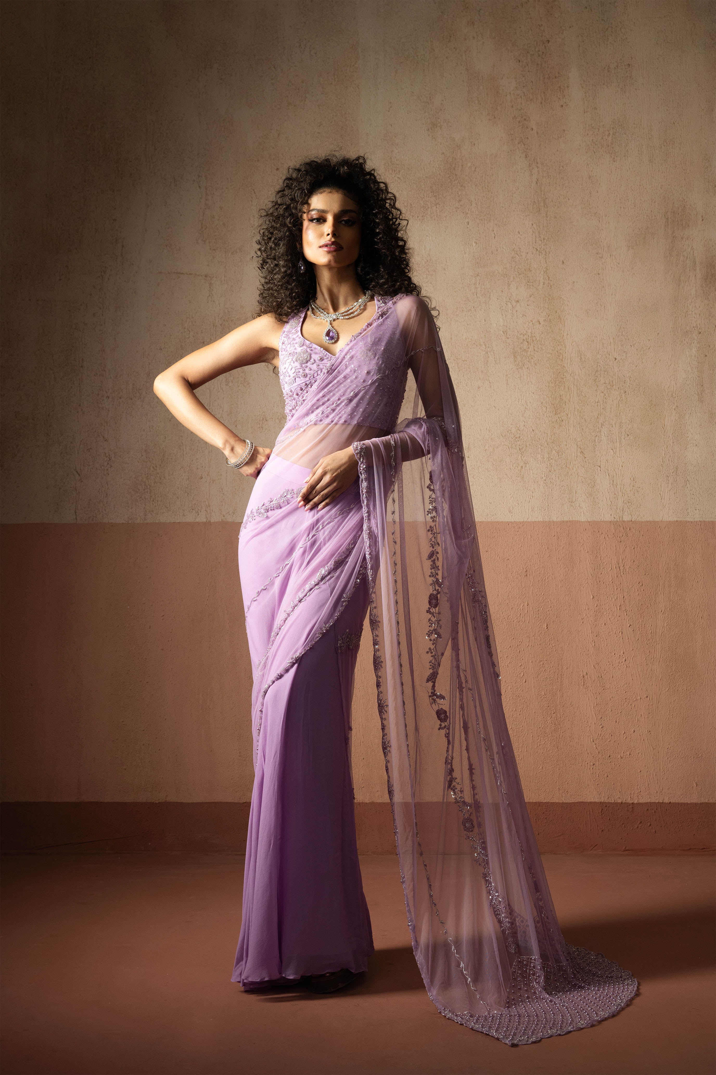Predraped, Lavender, Hand Embroidered Net & Georgette Saree