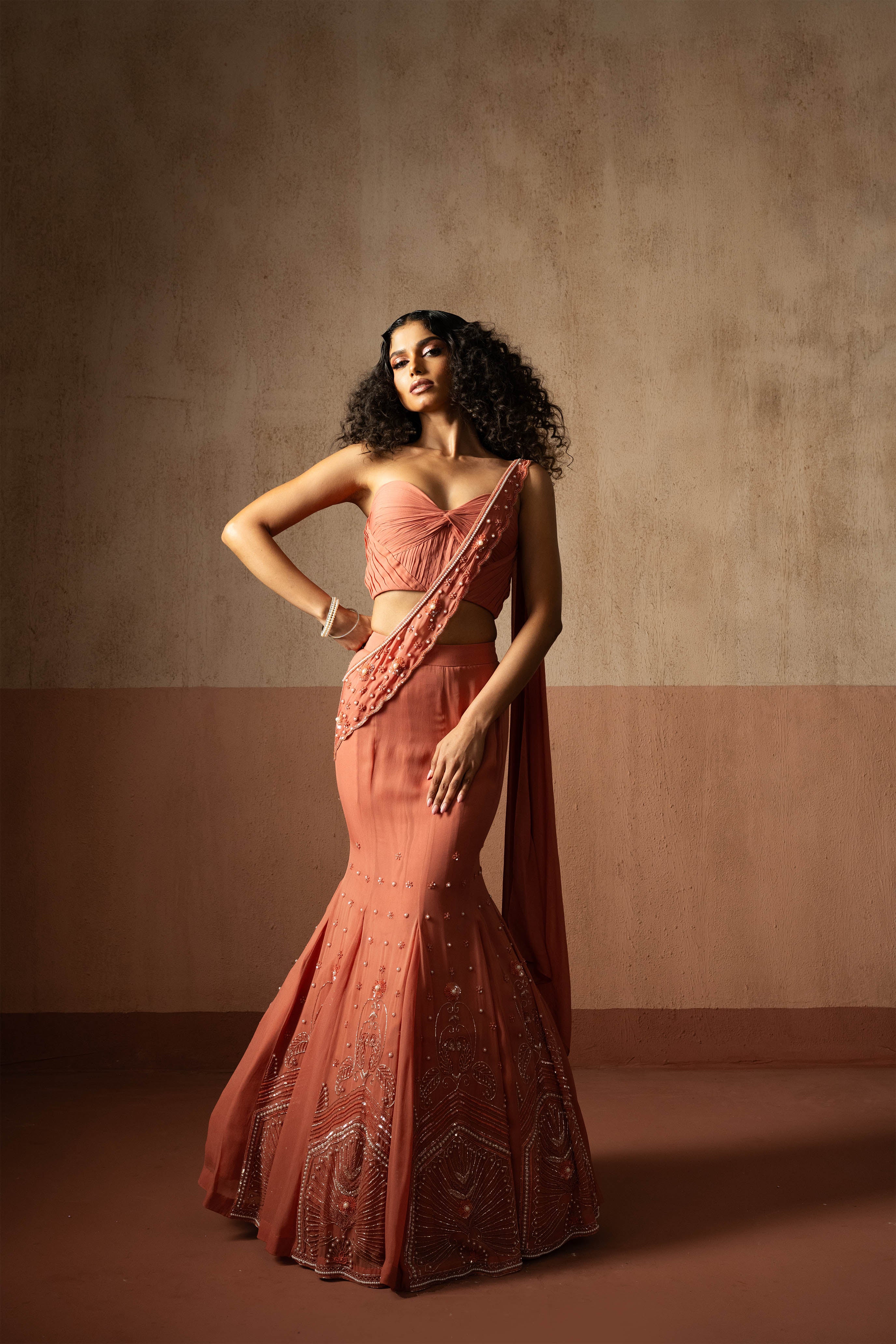 Fishtail Style, Peach Coloured, Hand Embroidered Georgette Fishtail Saree
