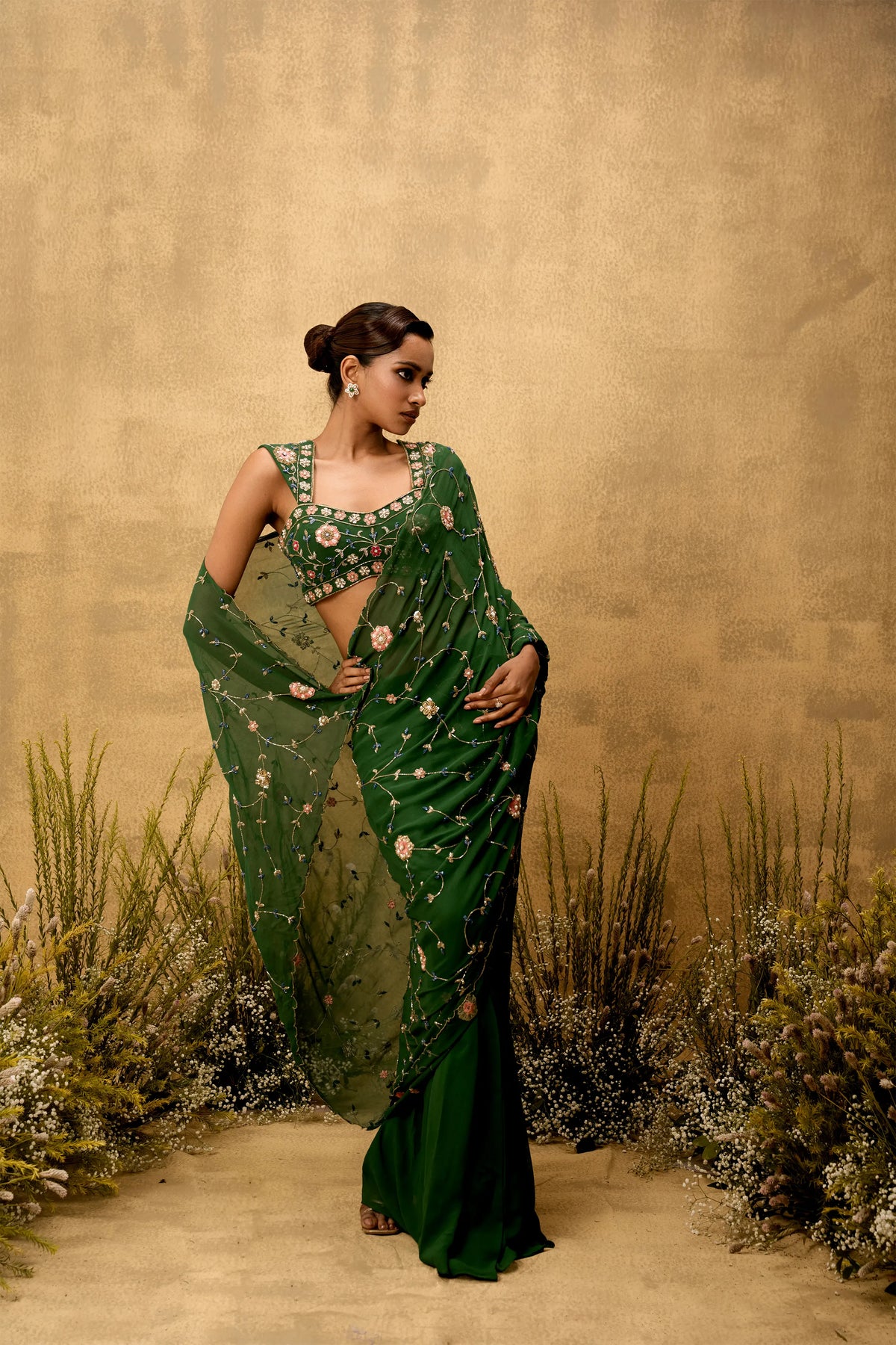 Emerald green Pre-stitched hand embroidered georgette saree set