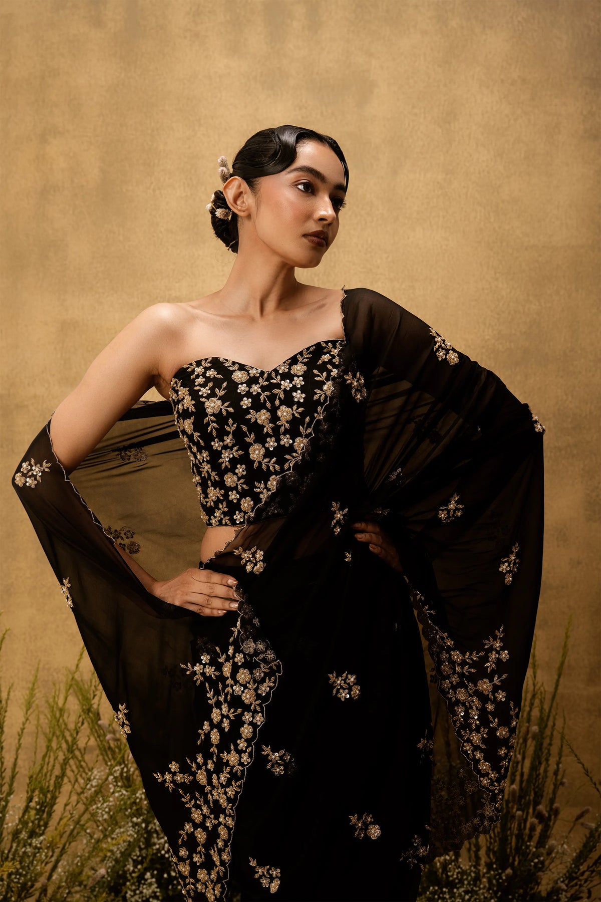 Black Pre-stitched hand embroidered organza saree set