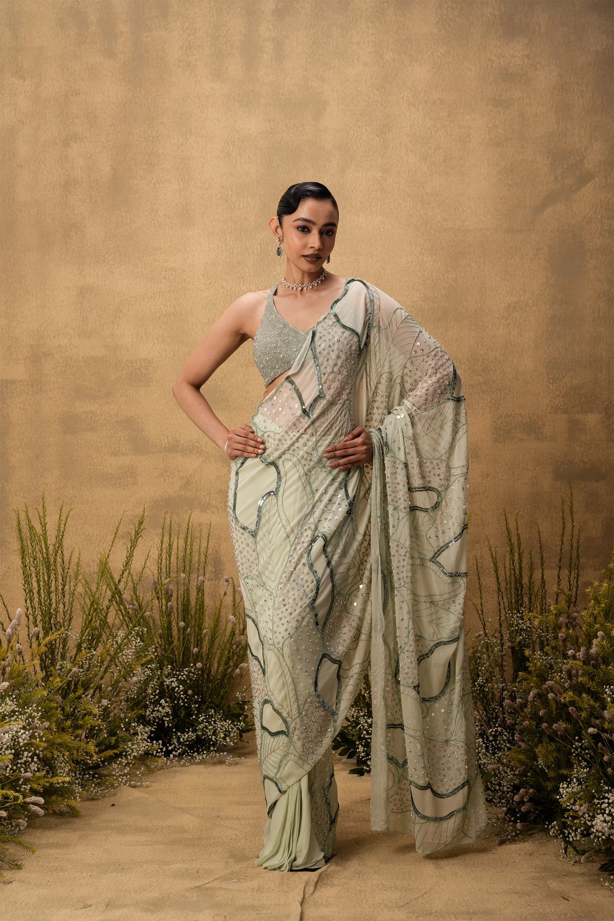 Mint green Pre-stitched hand embroidered georgette saree set