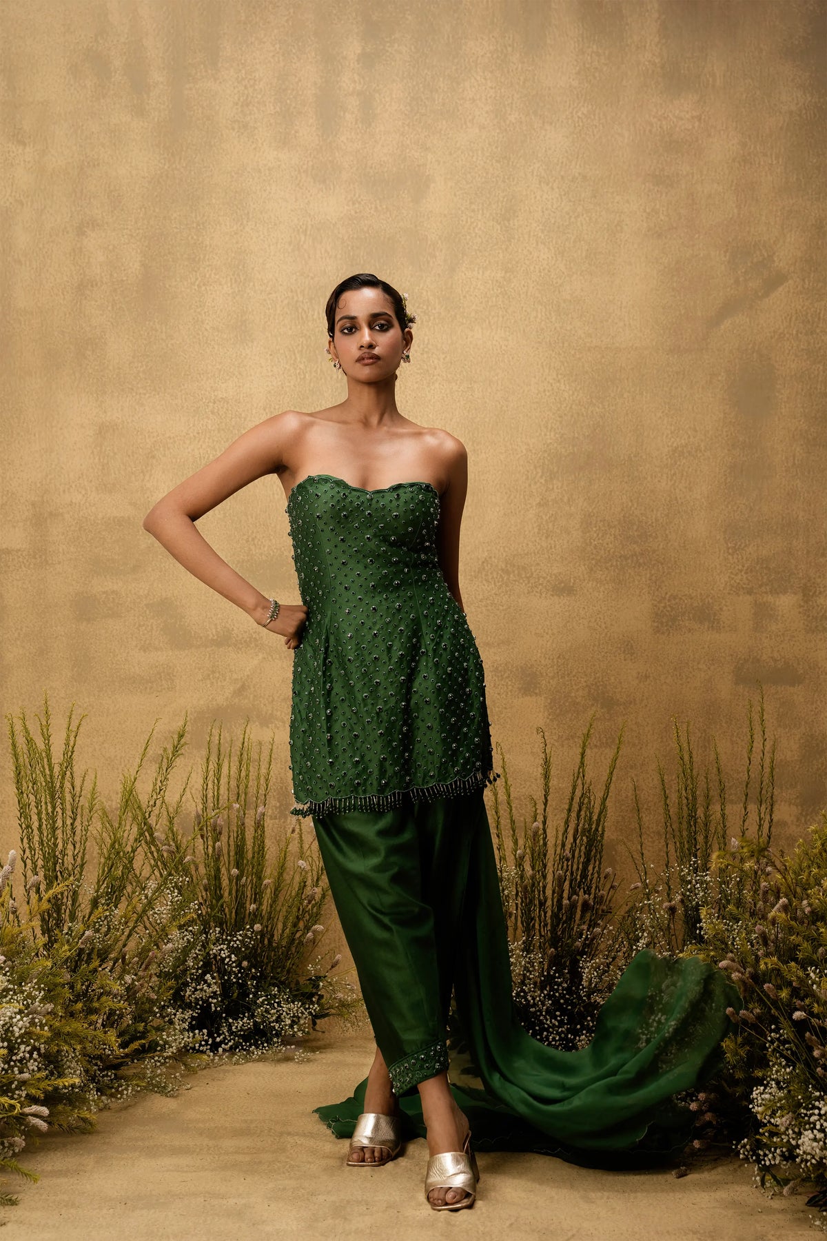 Emerald green hand embroidered chanderi silk suit set with organza dupatta