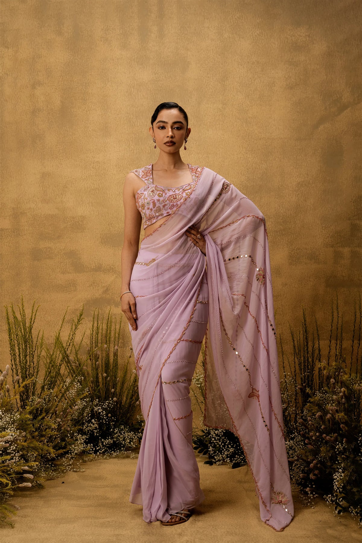 Lilac georgette Pre-stitched hand embroidered Georgette saree set