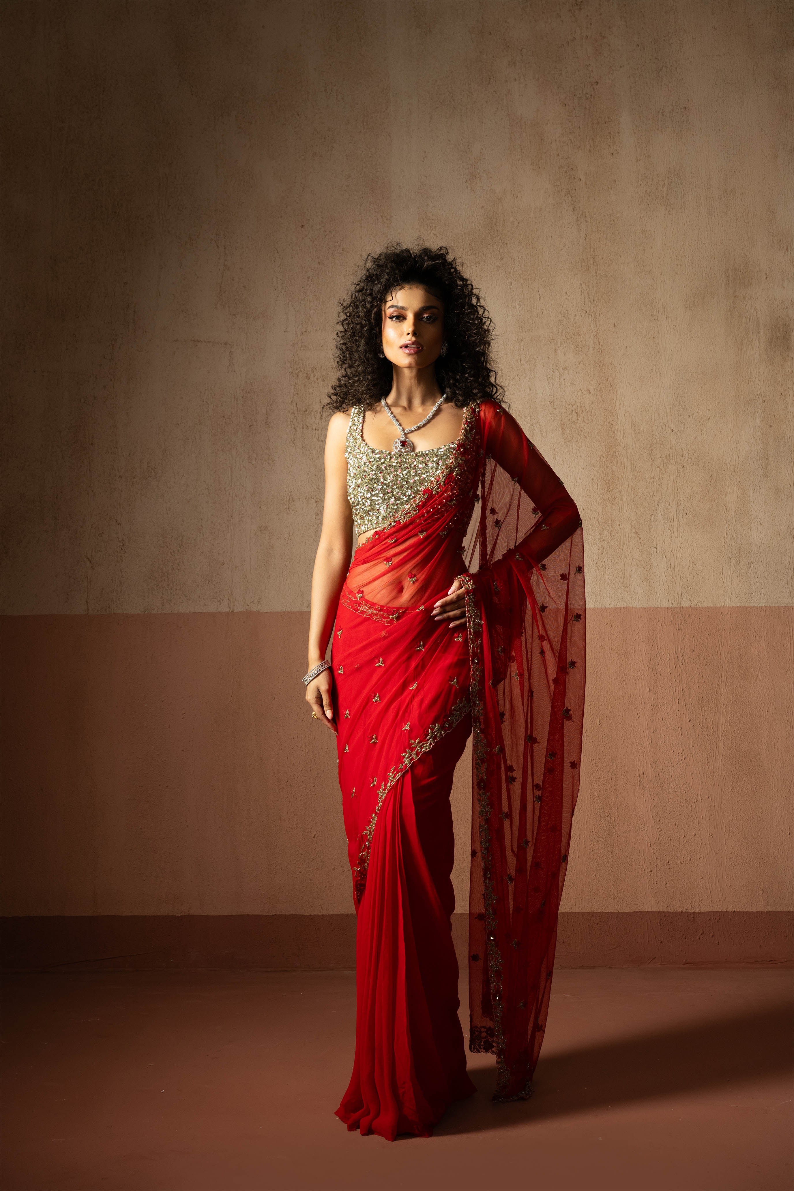 Predraped, Red, Hand Embroidered Net & Georgette Saree With Golden Blouse