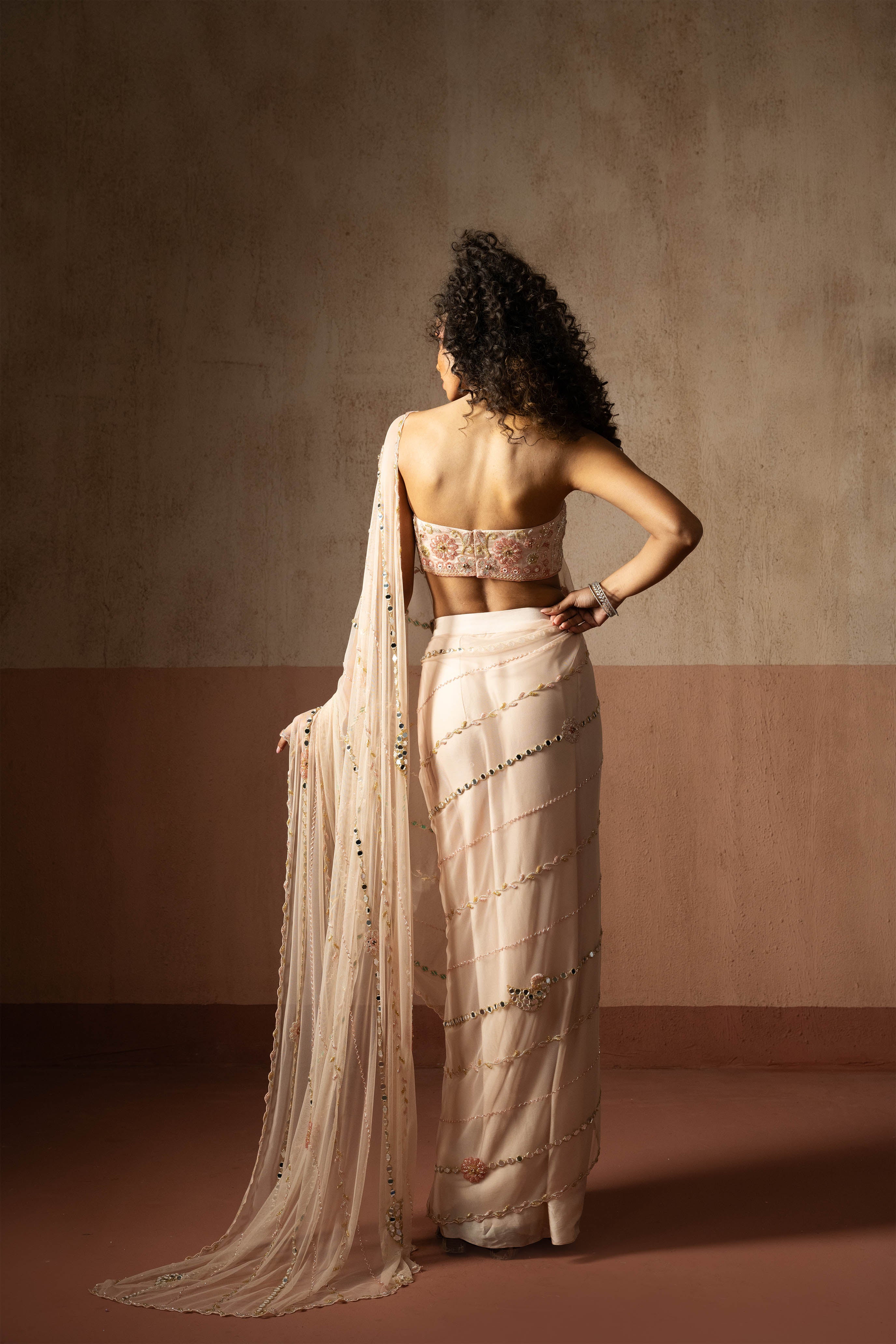 Predraped, Baby Pink,  Hand Embroidered Net & Satin Saree