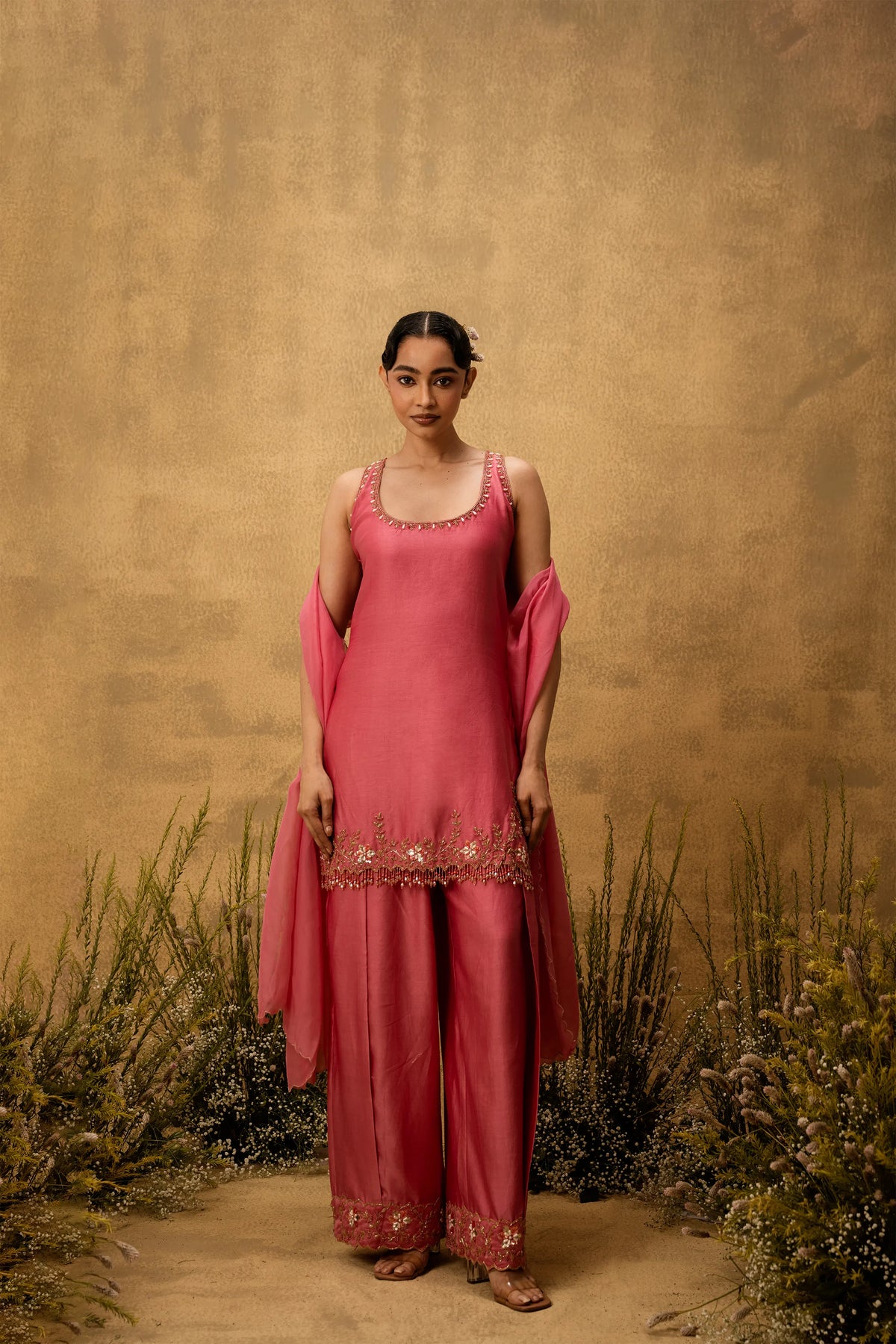 Pink hand embroidered chanderi silk suit set with organza dupatta