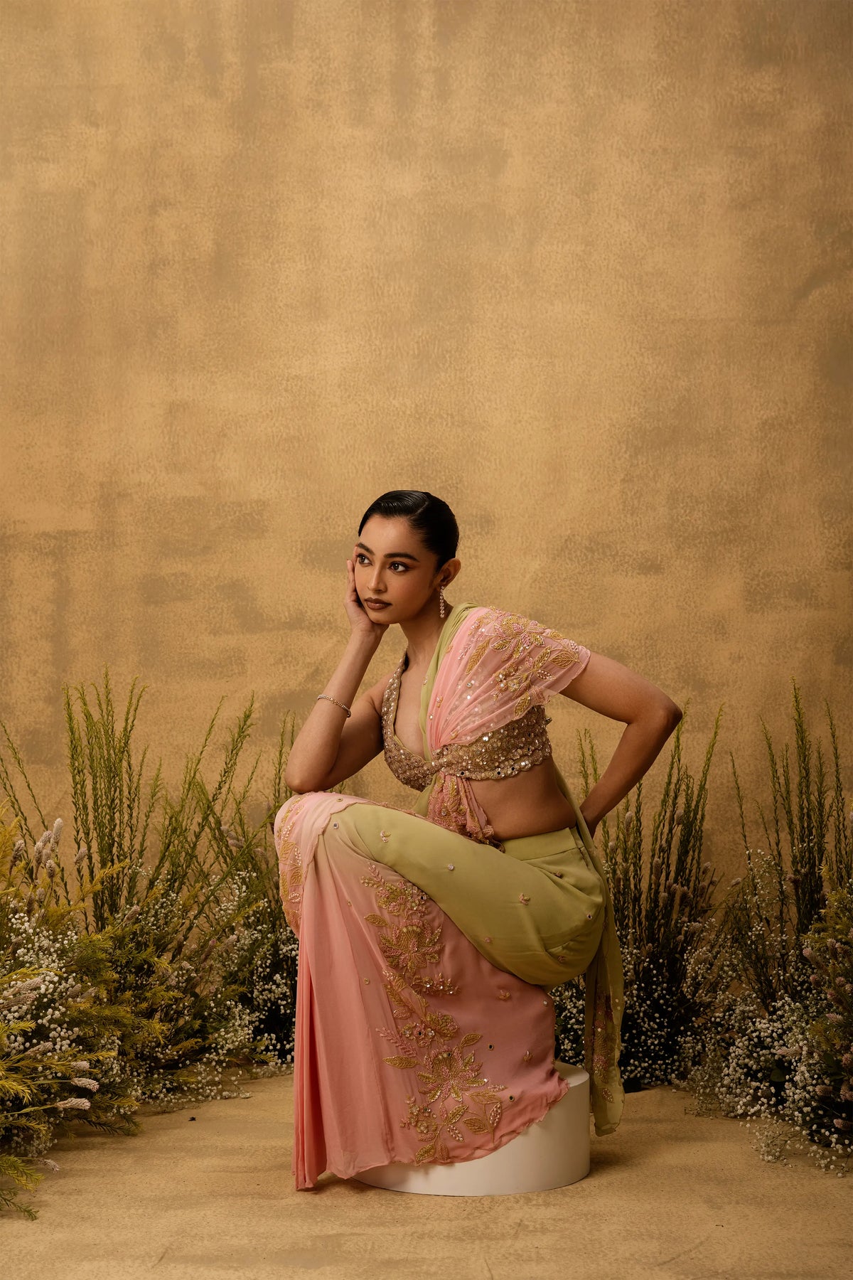 Pastel green & pink ombre Pre-stitched hand embroidered georgette saree set