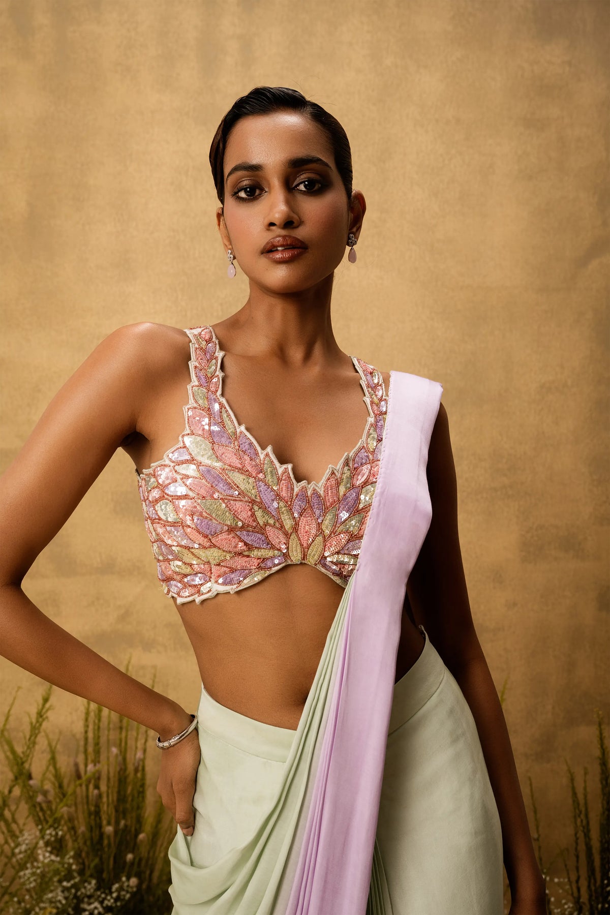 Mint green & lilac ombre pre-draped modal satin saree with embroidered blouse