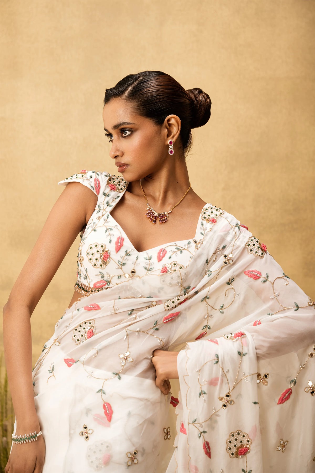 Ivory Pre-stitched hand embroidered organza saree set