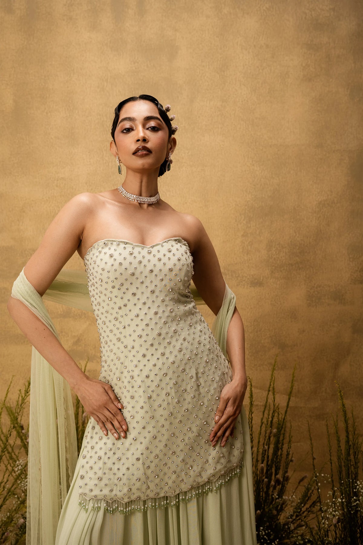 Mint green hand embroidered georgette sharara set
