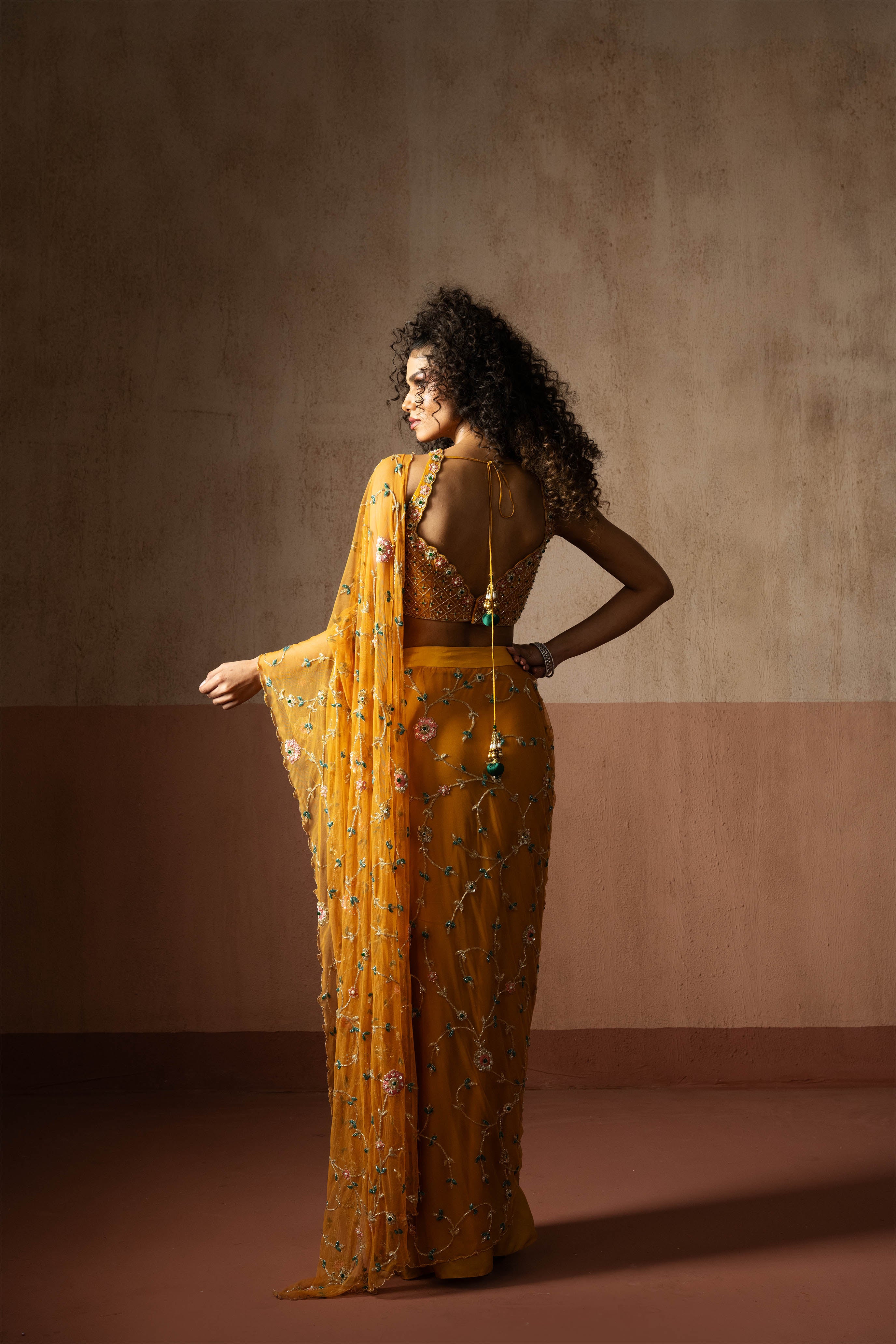 Predraped, Mustard Yellow, Hand Embroidered Net & Georgette Saree
