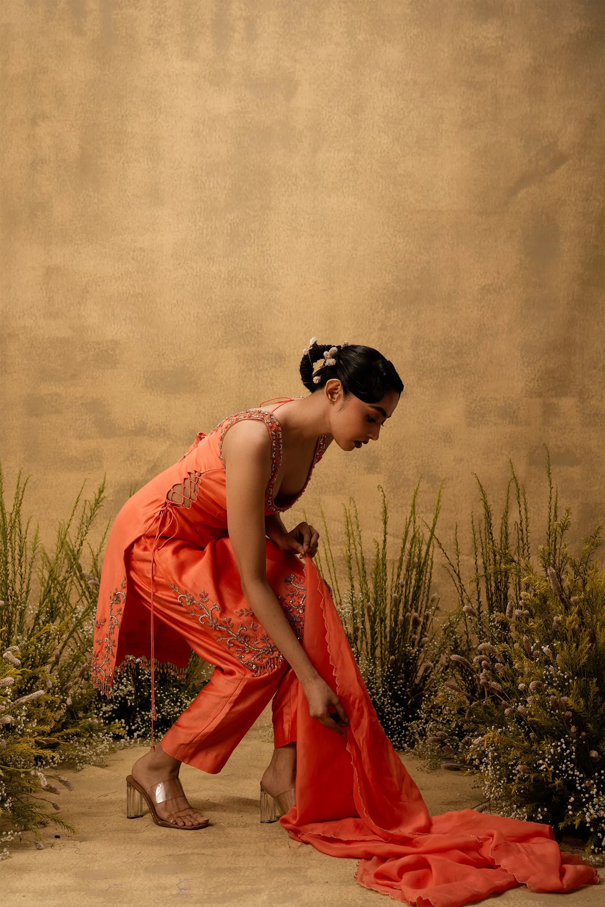 Bright orange hand embroidered chanderi silk suit set with organza dupatta