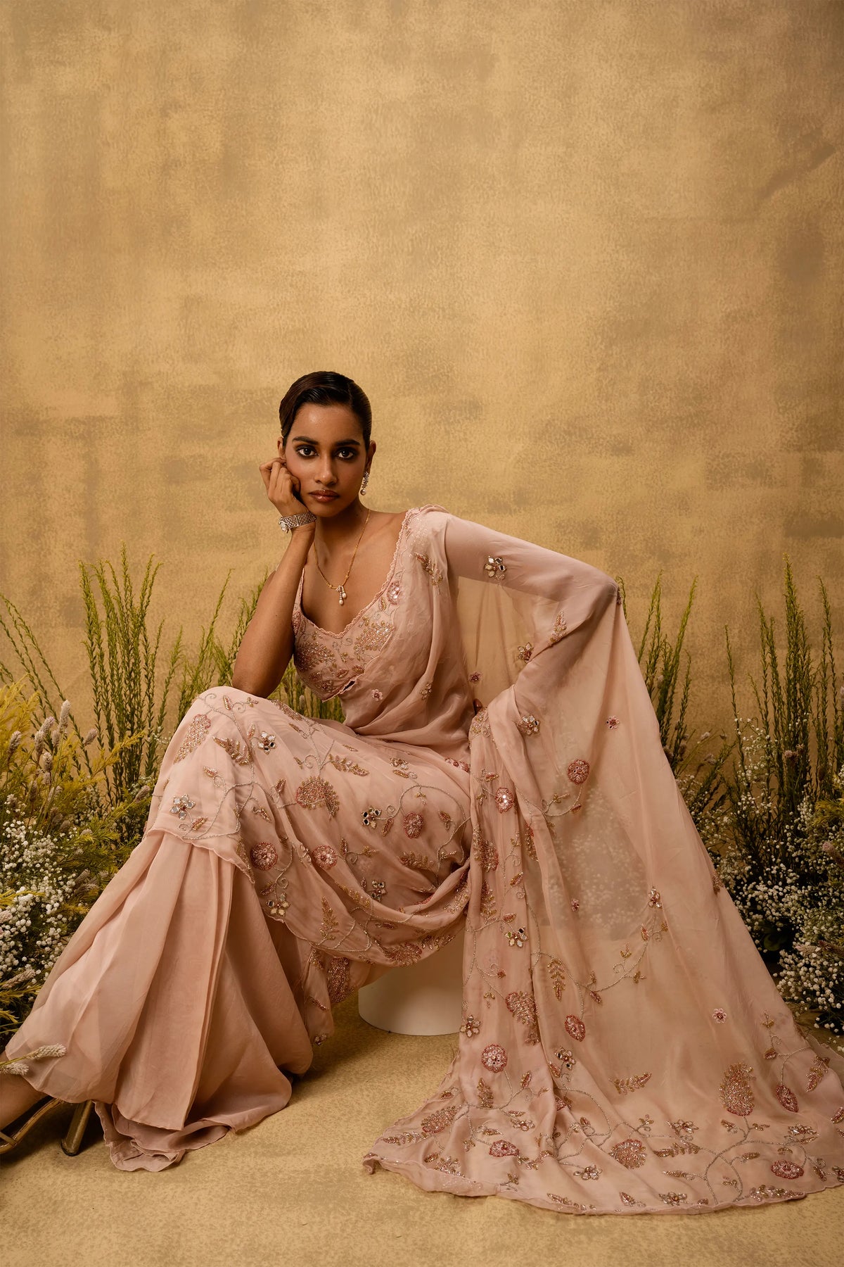 Pastel pink Pre-stitched hand embroidered organza saree set