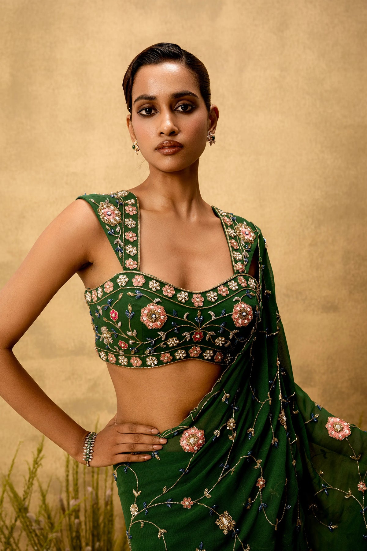 Emerald green Pre-stitched hand embroidered georgette saree set