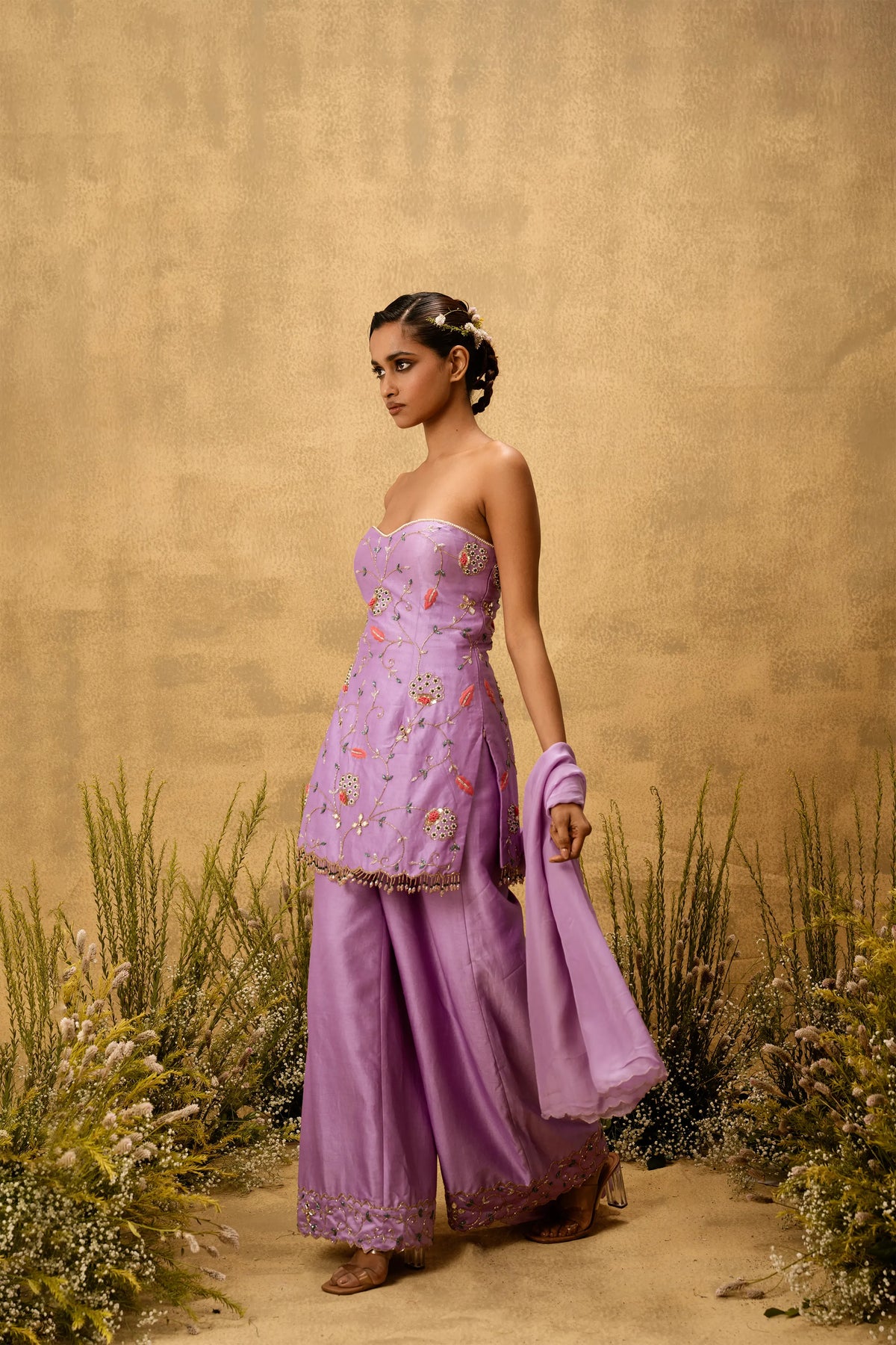 Lilac hand embroidered chanderi silk suit set with organza dupatta