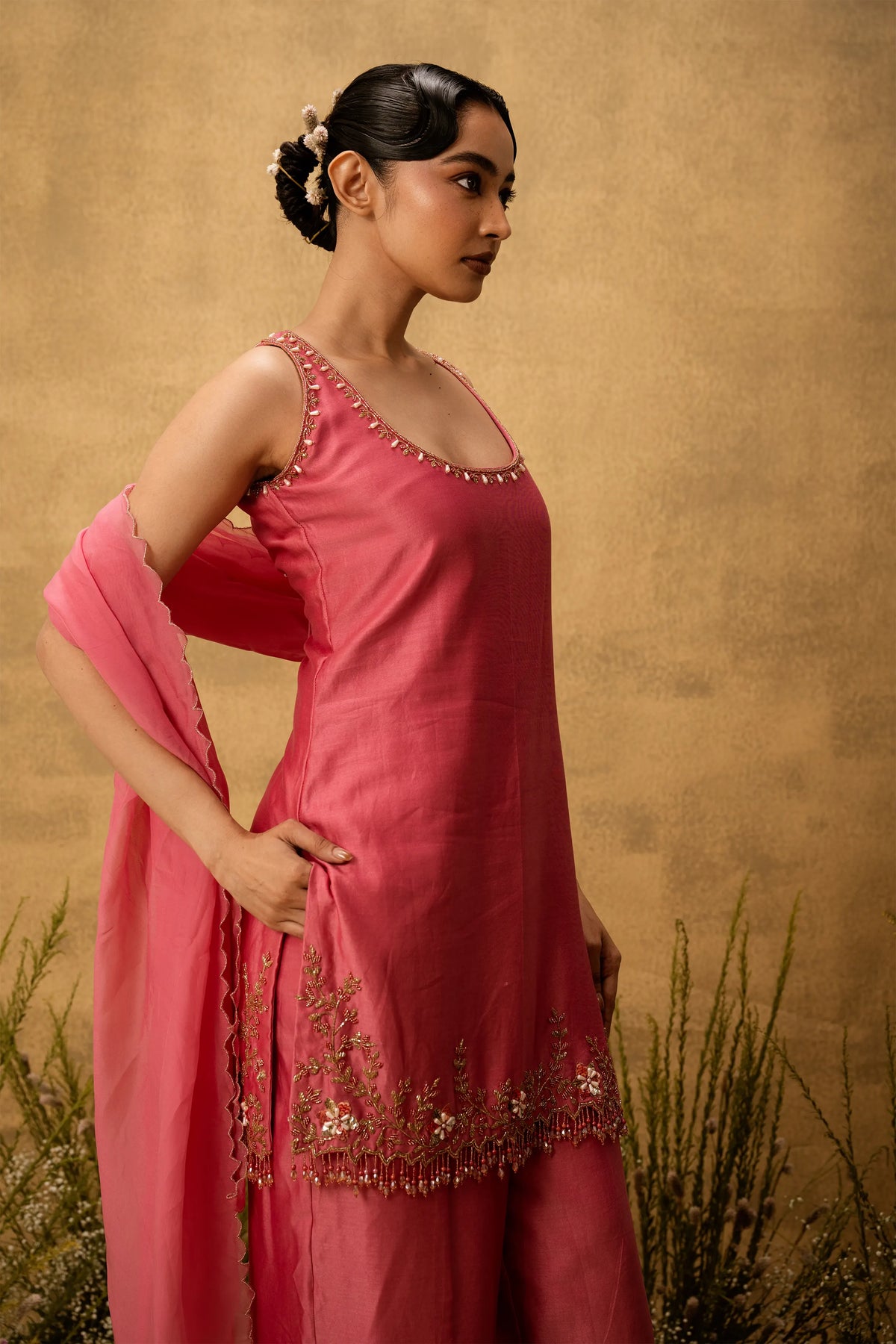 Pink hand embroidered chanderi silk suit set with organza dupatta