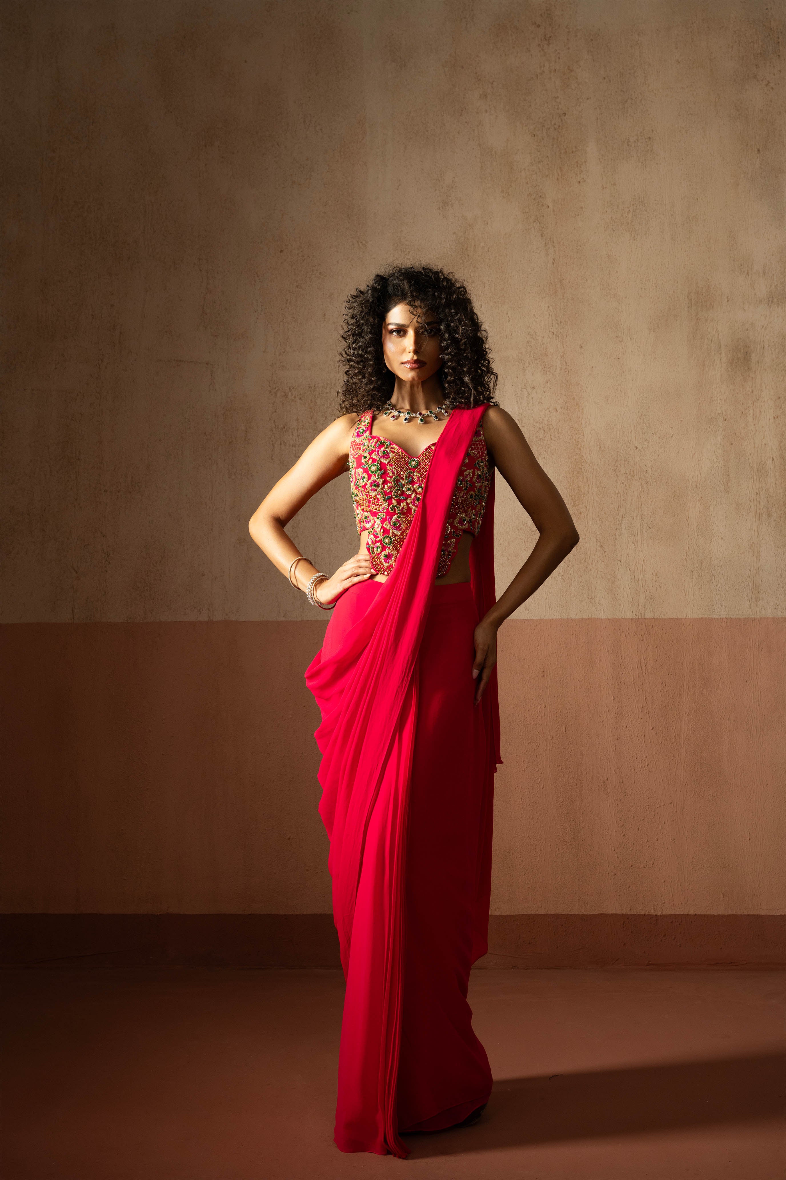 Predraped, Fuschia Pink, Embroidered Georgette Saree With Corset Blouse