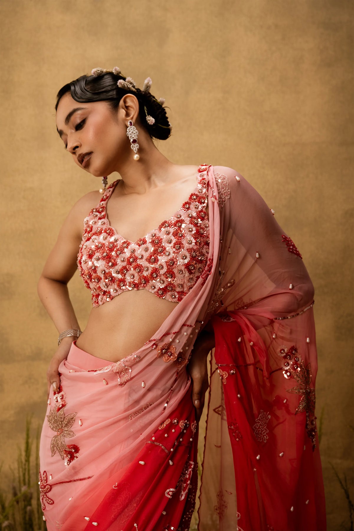 Pink ombre Pre-stitched hand embroidered organza saree set