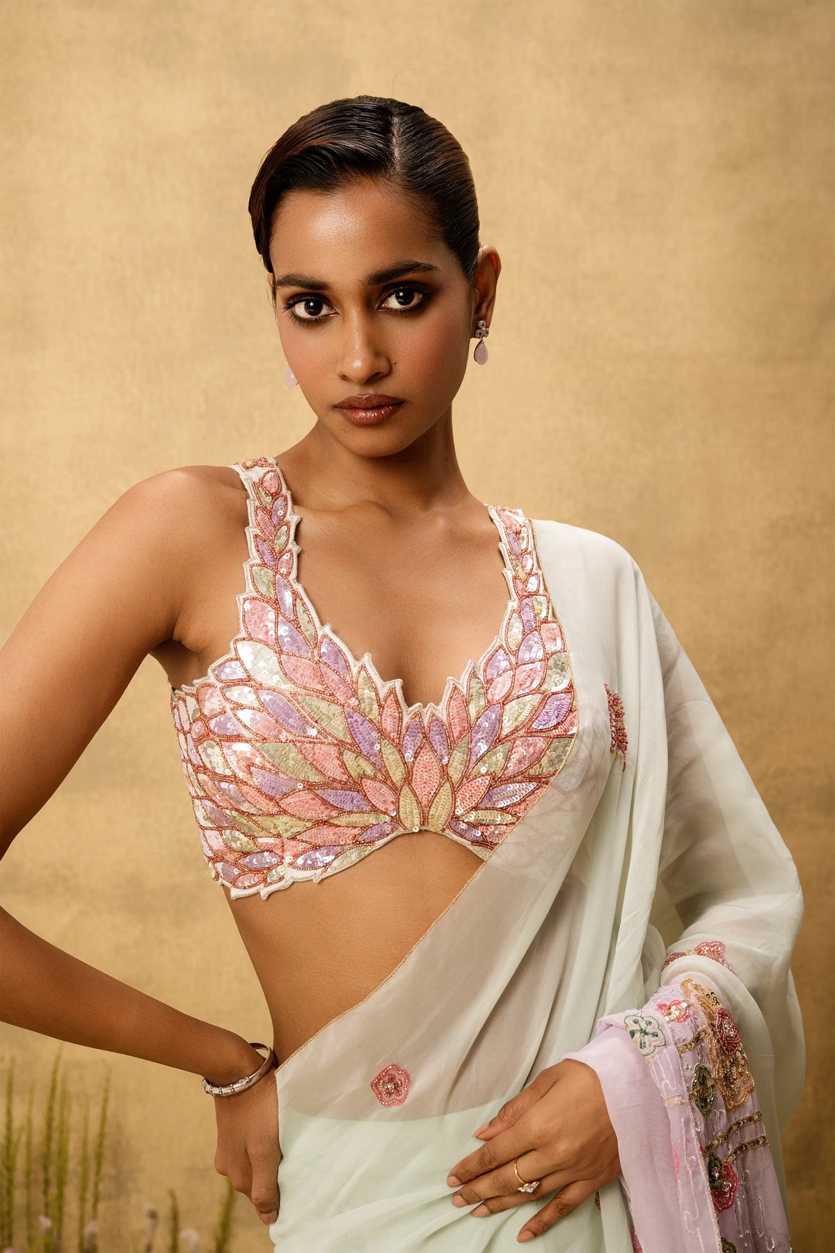 Pastel mint green lilac ombré Pre-stitched hand embroidered organza saree set