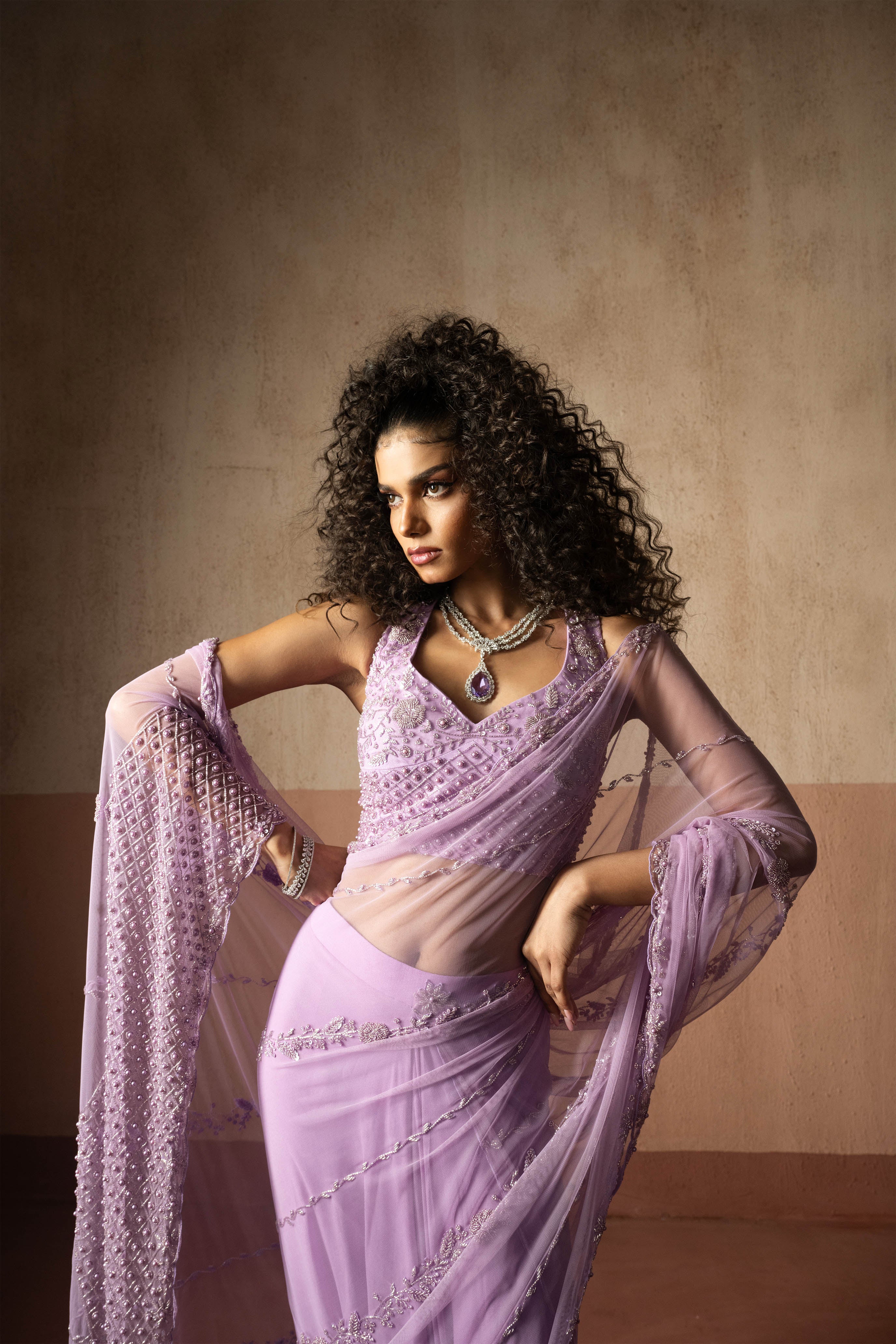 Predraped, Lavender, Hand Embroidered Net & Georgette Saree