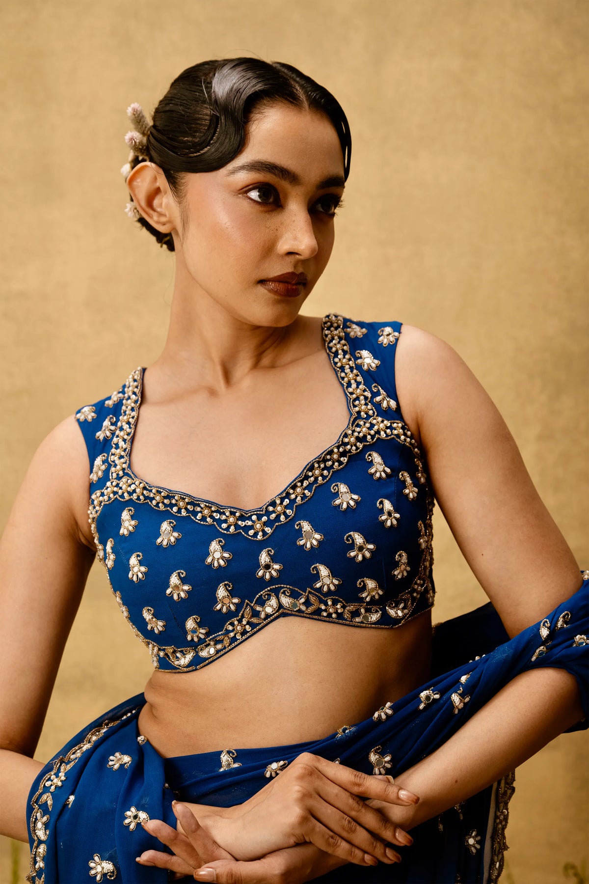 Sapphire blue Pre-stitched hand embroidered georgette saree set