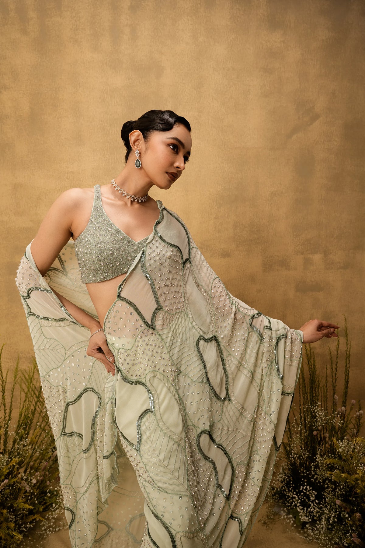 Mint green Pre-stitched hand embroidered georgette saree set