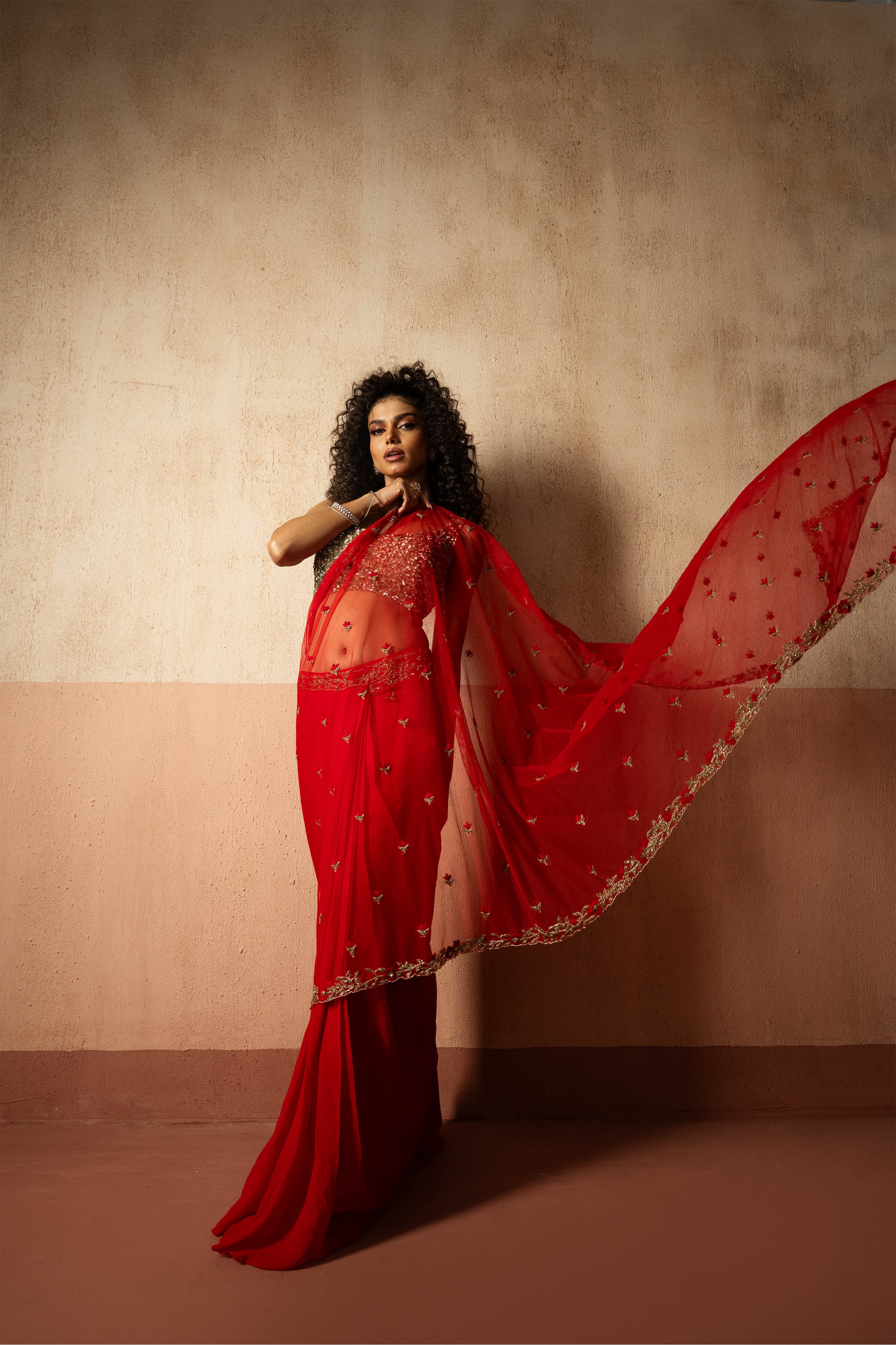 Predraped, Red, Hand Embroidered Net & Georgette Saree With Golden Blouse