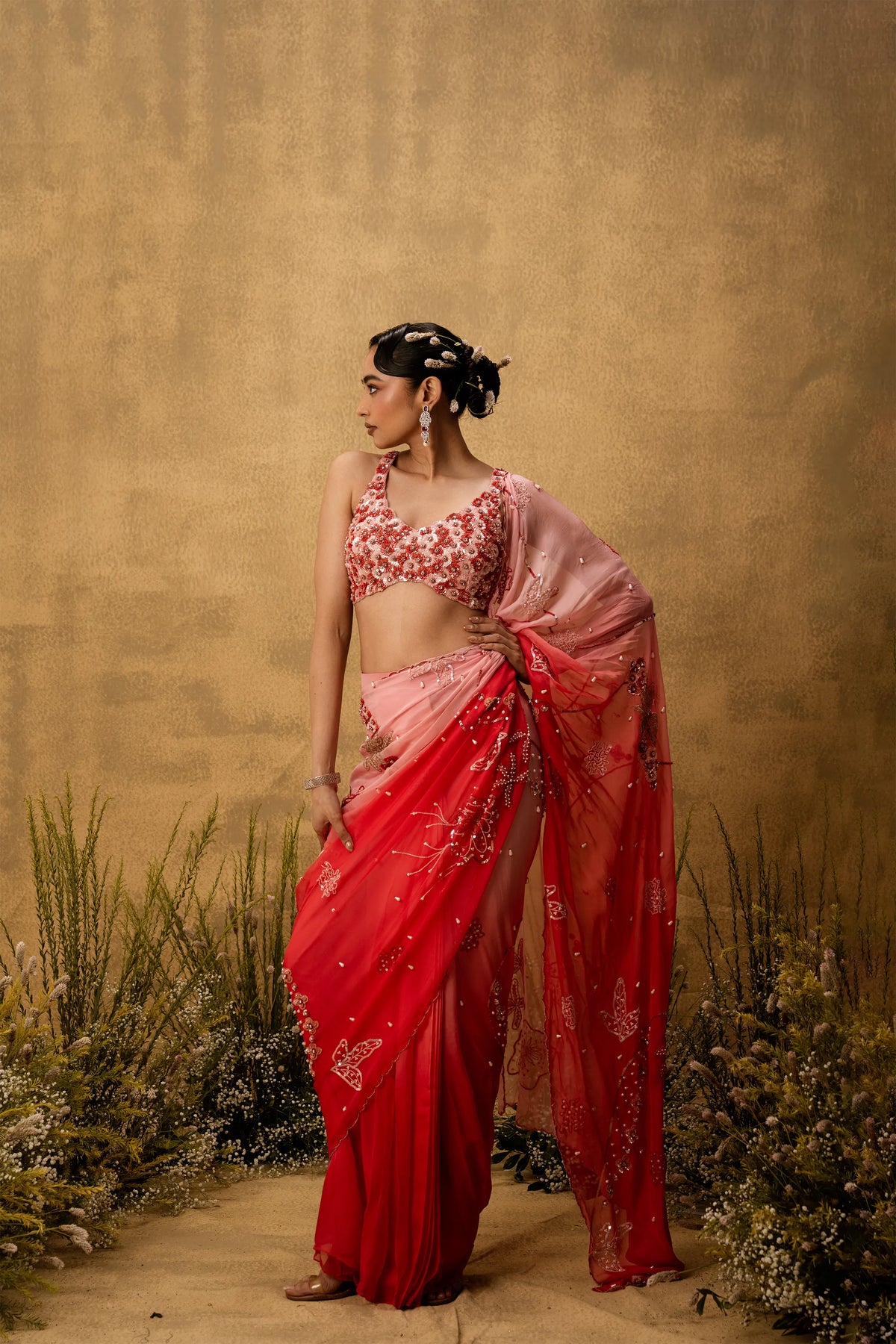Pink ombre Pre-stitched hand embroidered organza saree set