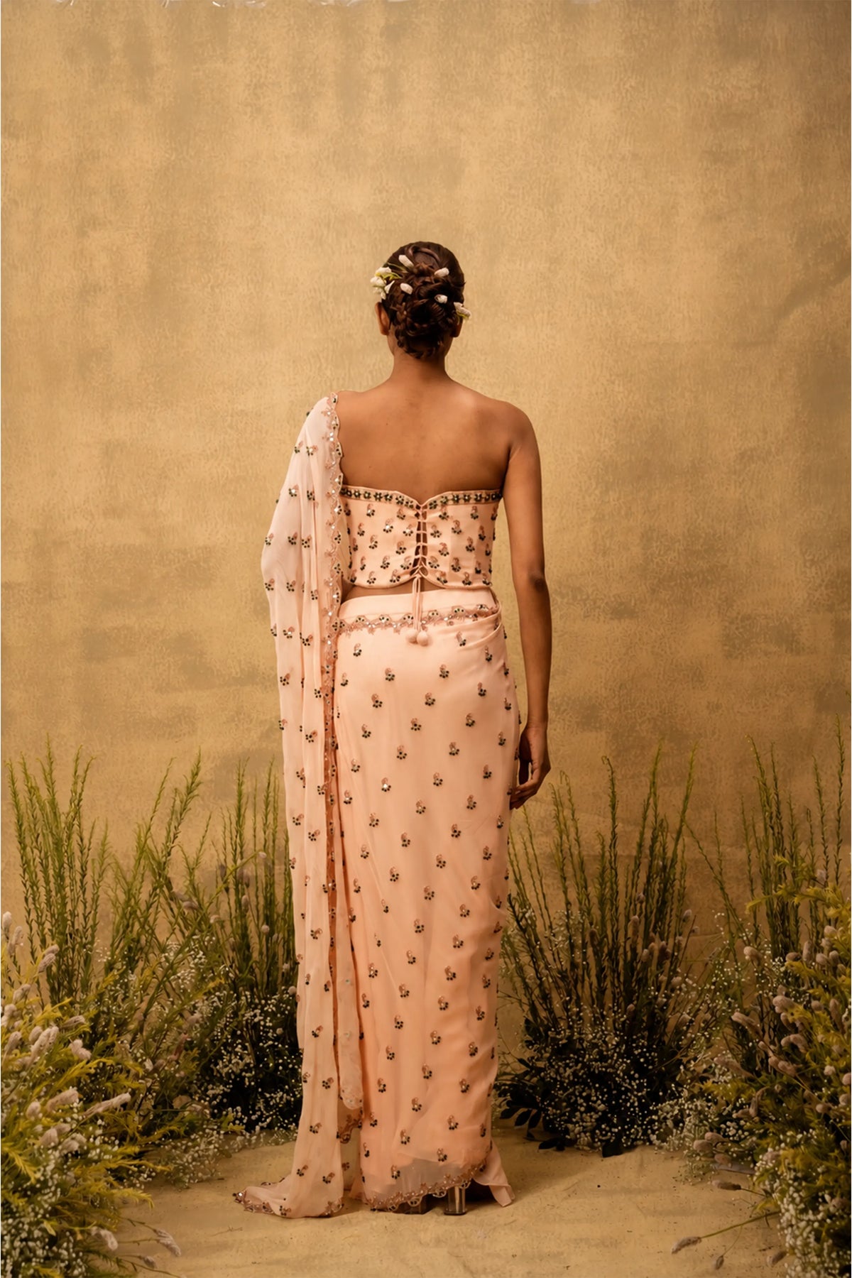 Peach Pre-stitched hand embroidered georgette saree set