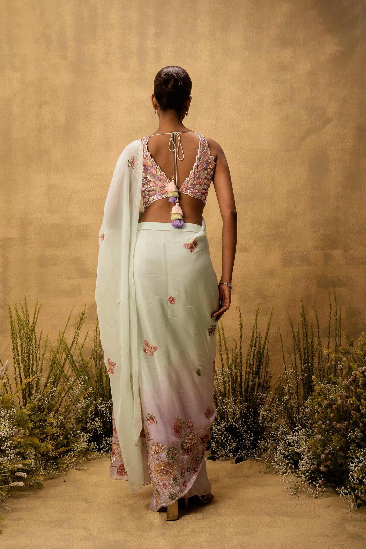 Pastel mint green lilac ombré Pre-stitched hand embroidered organza saree set