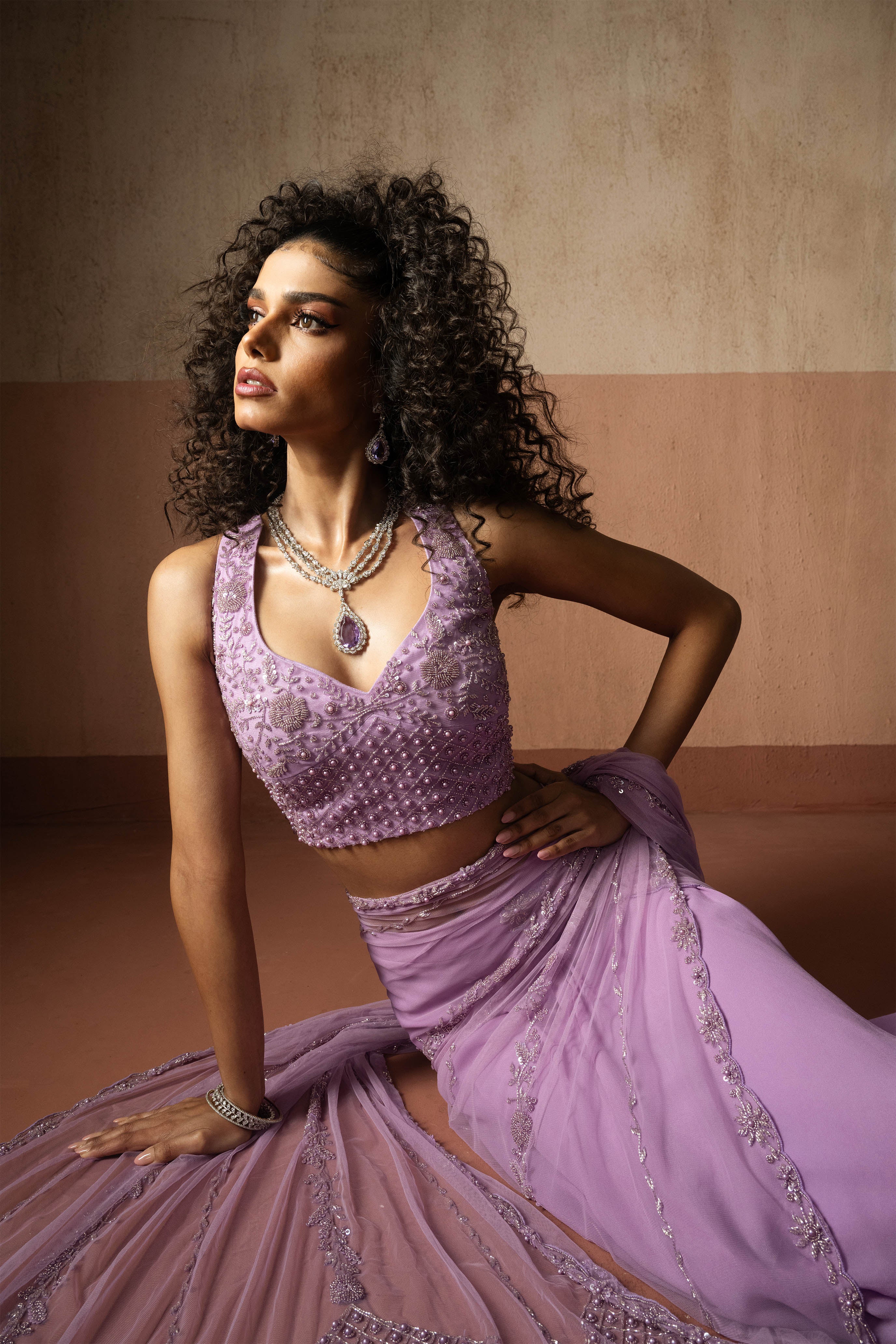 Predraped, Lavender, Hand Embroidered Net & Georgette Saree